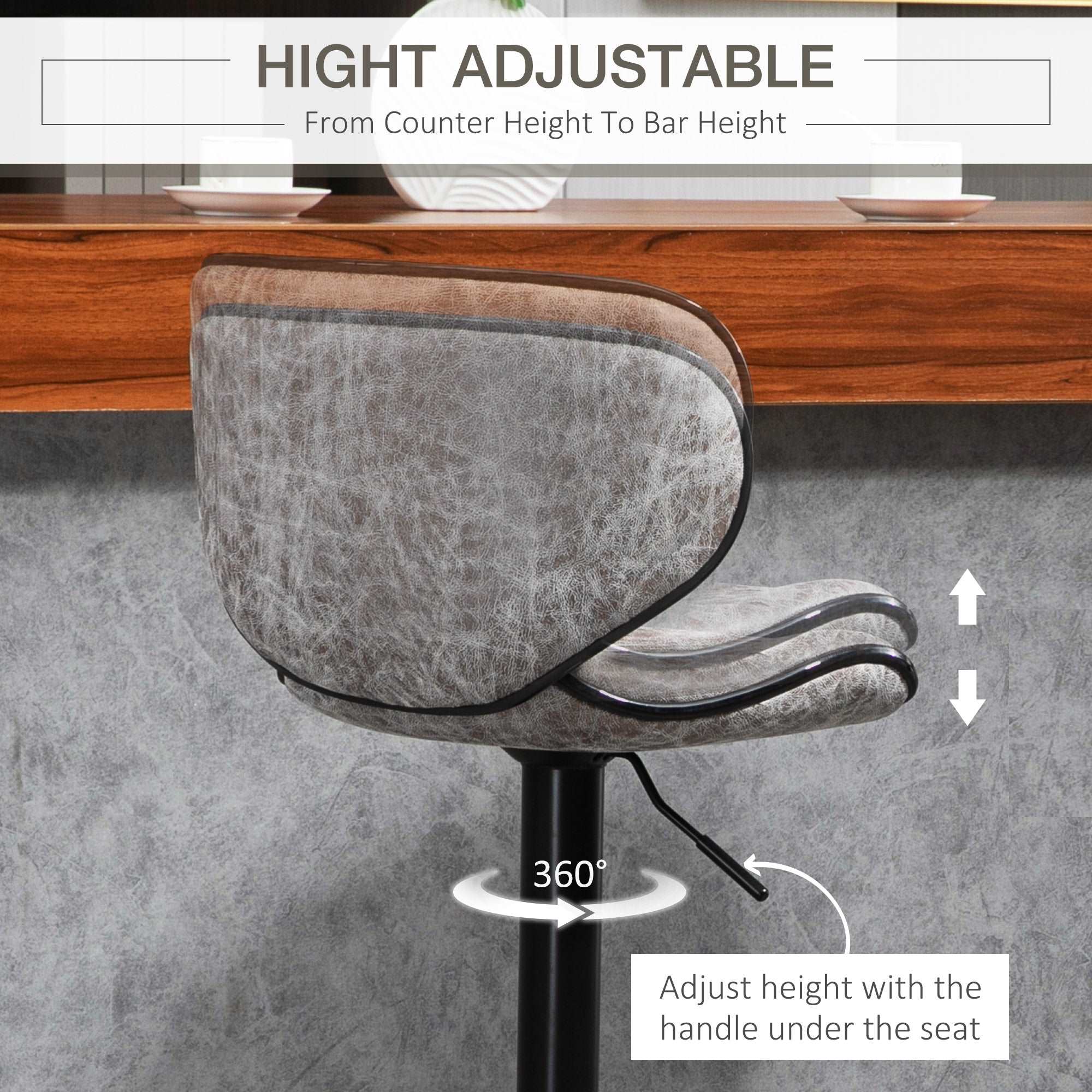 Bar Stool Set of 2 Microfiber Cloth Adjustable Height Armless Chairs with Swivel Seat, Grey  AOSOM   