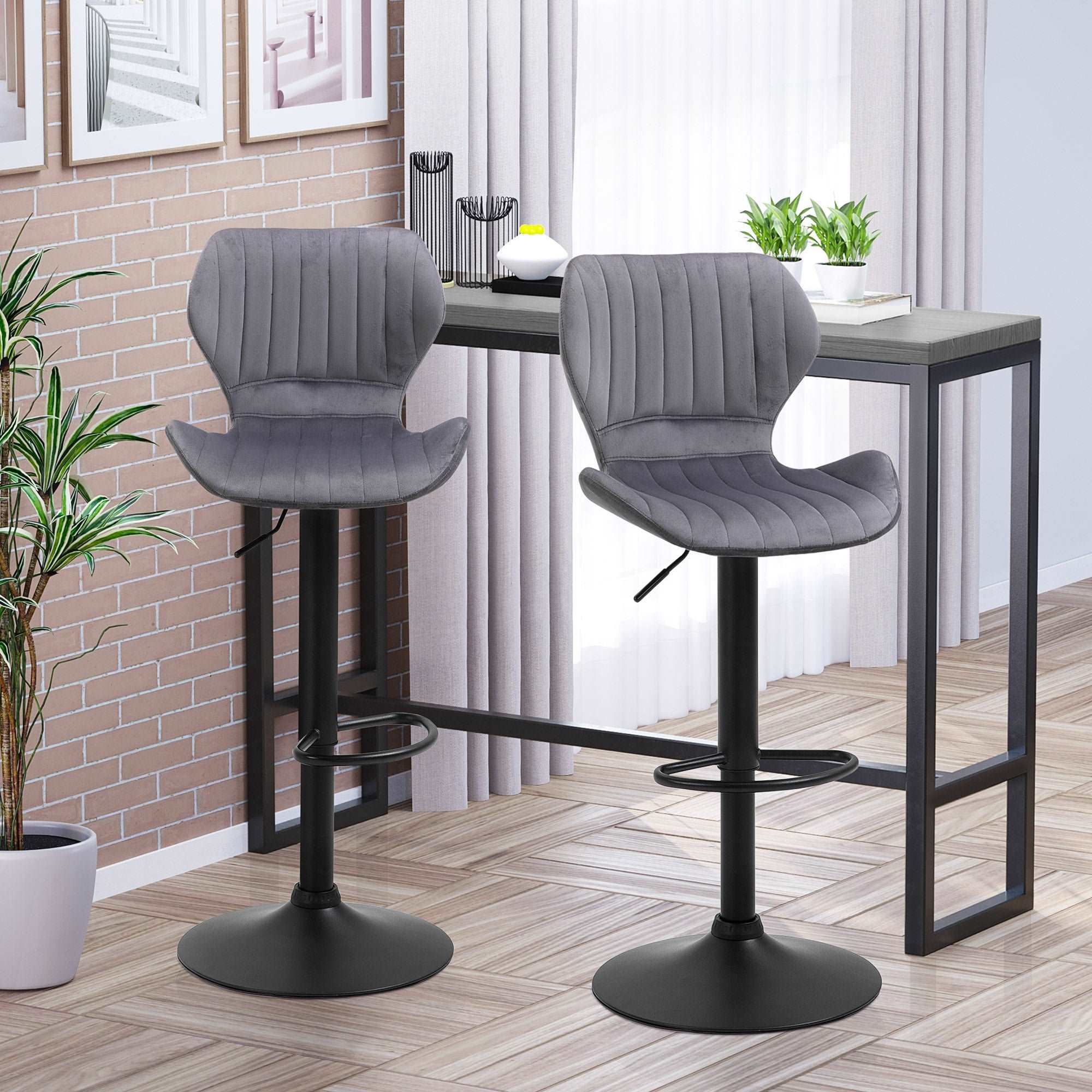 Velvet-Touch Bar Stools Set of 2 with Adjustable Height and Swivel Feature - Grey  AOSOM   