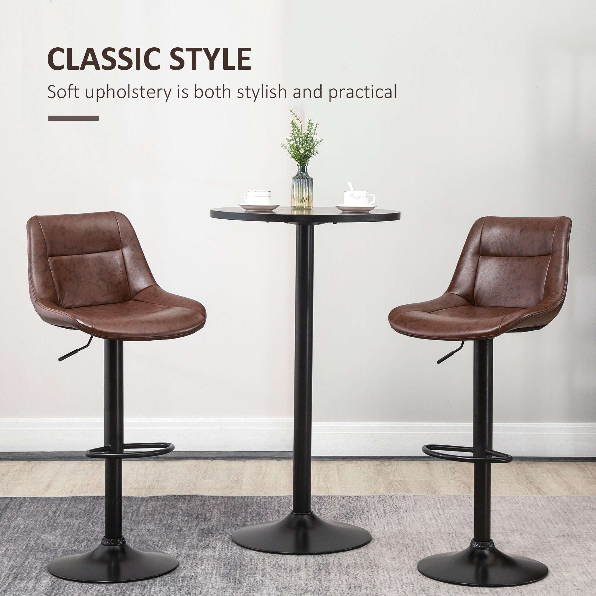Adjustable Bar Stools Set of 2, Modern Kitchen Stools, 360 Degree Swivel Bar Height Barstools in PU Leather with Footrest, Brown  AOSOM   
