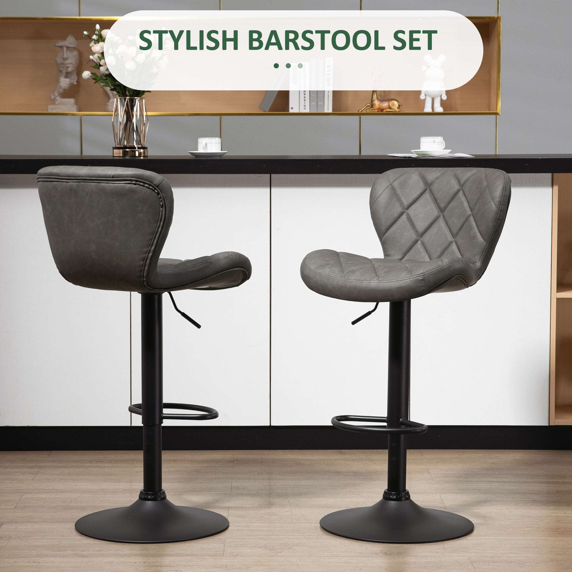 Adjustable Height Bar Stools Set of 2, Swivel Barstools with Backrest and Footrest, Steel Frame Diamond Pattern PU, Kitchen Dining, Dark Grey  AOSOM   