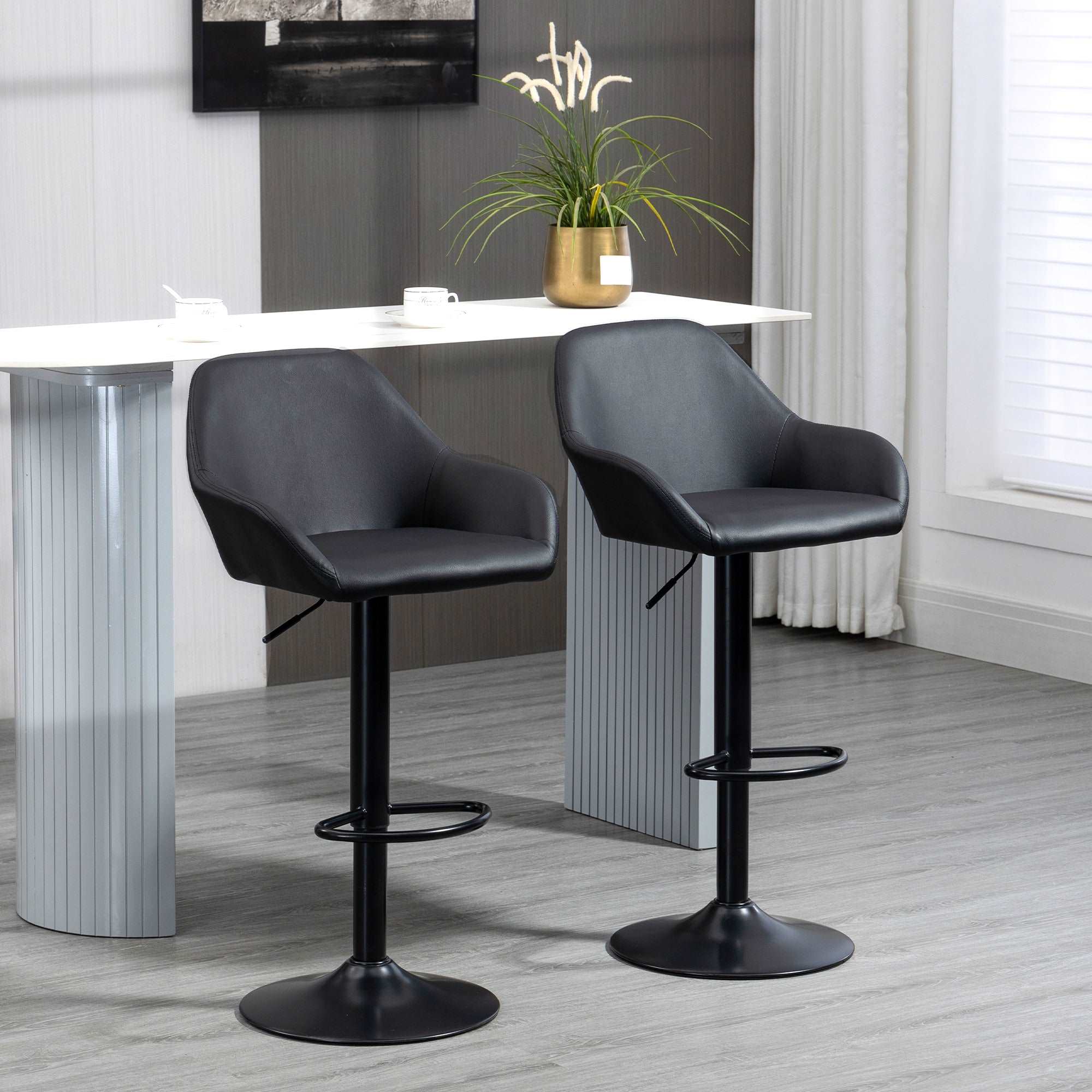Adjustable Bar Stools Set of 2, Swivel Barstools with Footrest and Backrest, PU Leather and Steel Base, for Kitchen Counter Dining Room, Black  AOSOM   