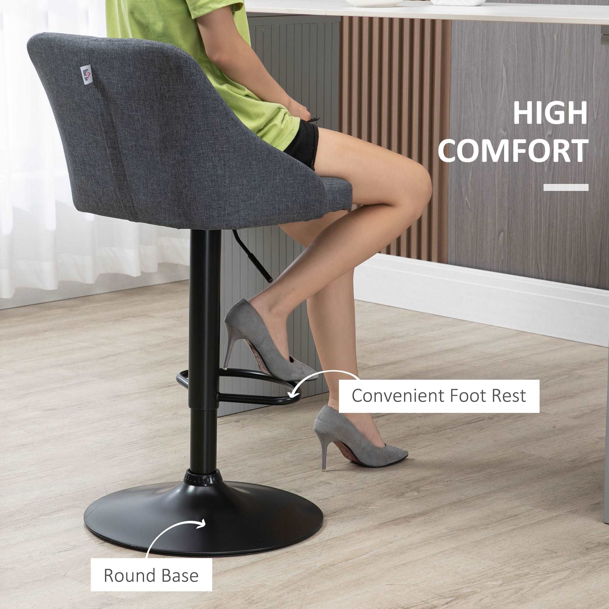 Modern Adjustable Bar Stools Set of 2, Swivel Fabric Barstools with Footrest, Armrests and Back, for Kitchen Counter and Dining Room, Dark Grey  AOSOM   