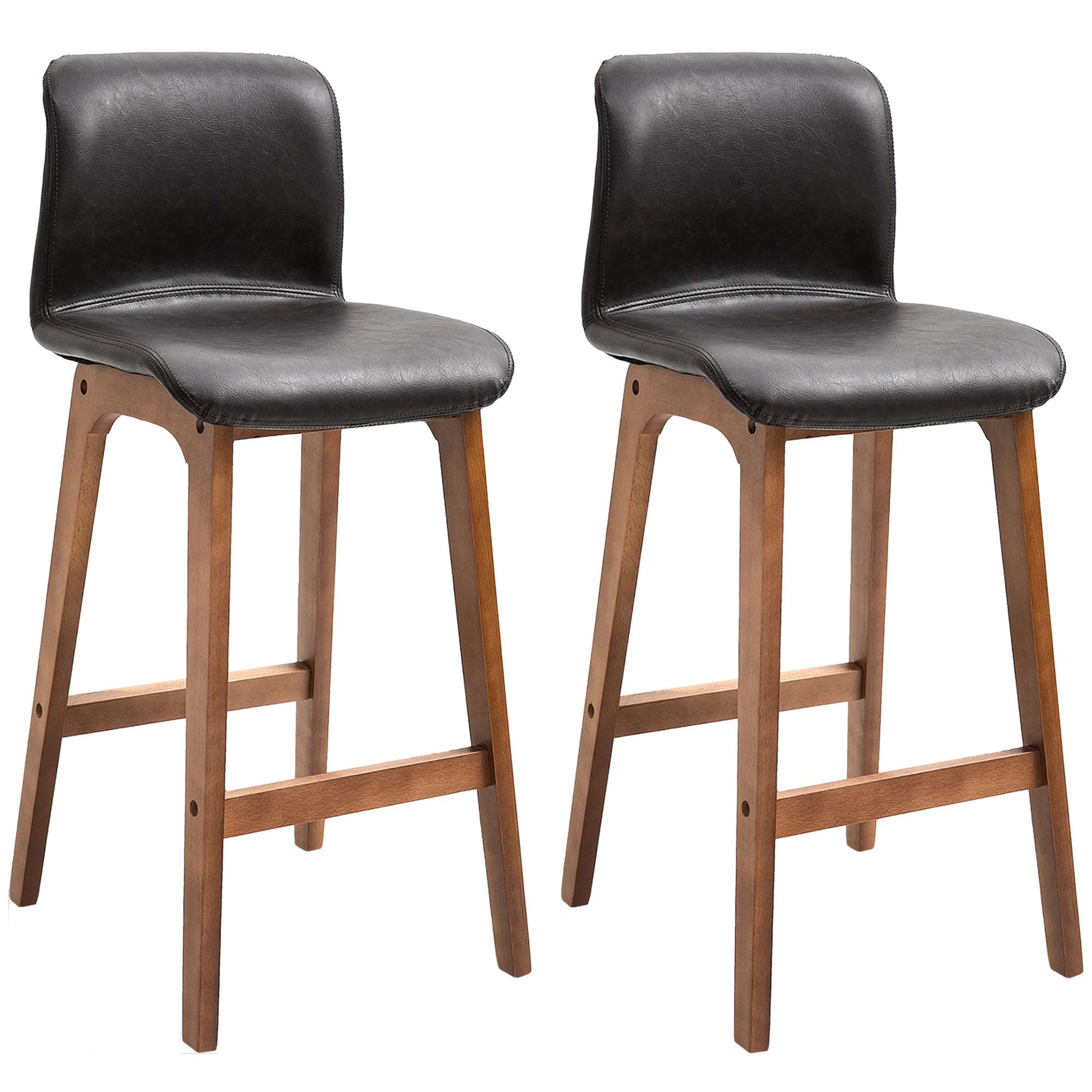 Modern Bar Stools Set of 2, PU Leather Upholstered Bar Chairs with Wooden Frame, Footrest for Home Bar, Dining Room  AOSOM   