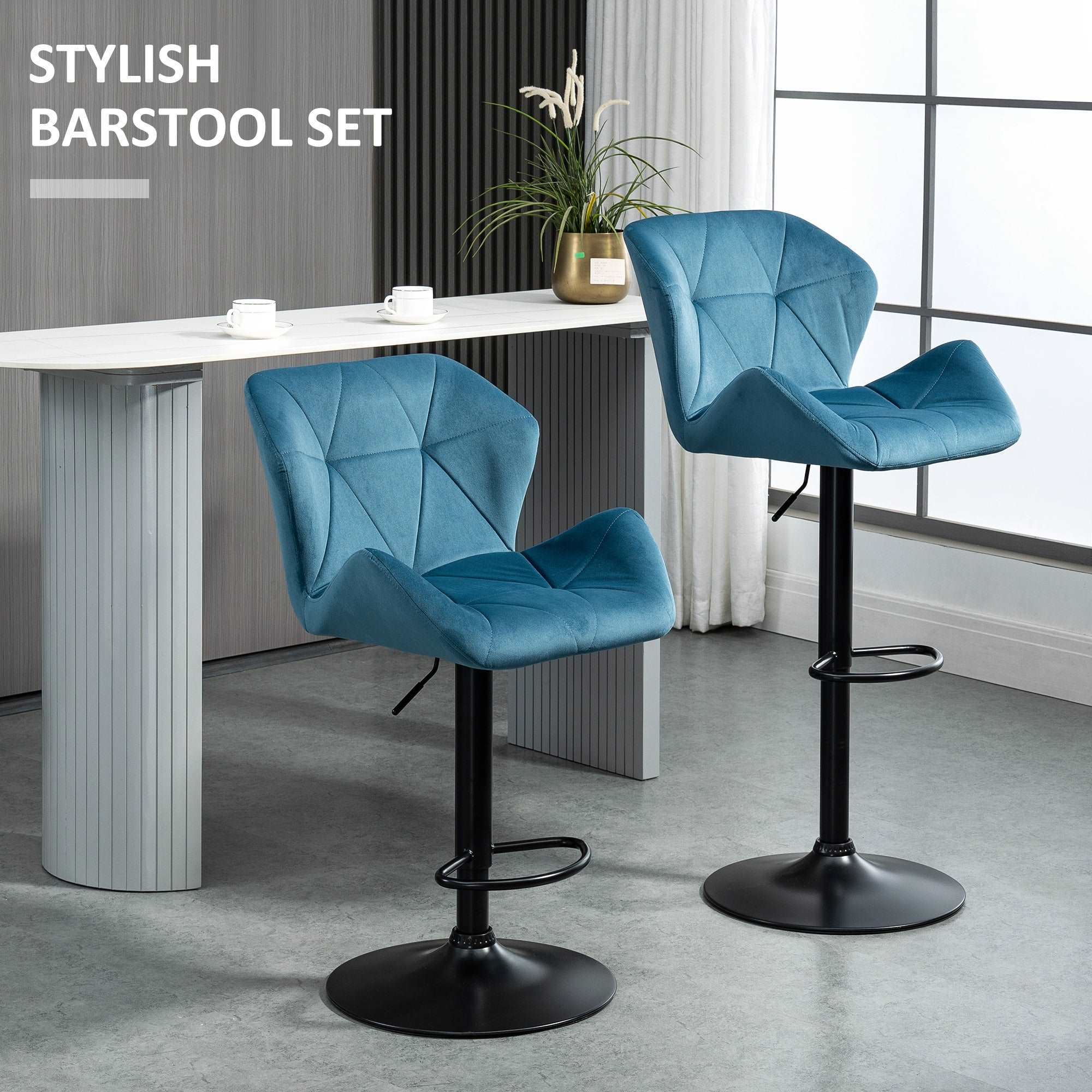 Bar Stools Set Of 2 Luxurious Velvet-Touch Barstools w/ Metal Frame Footrest Round Base Triangle Indenting Moulded Seat Adjustable Height Blue  AOSOM   