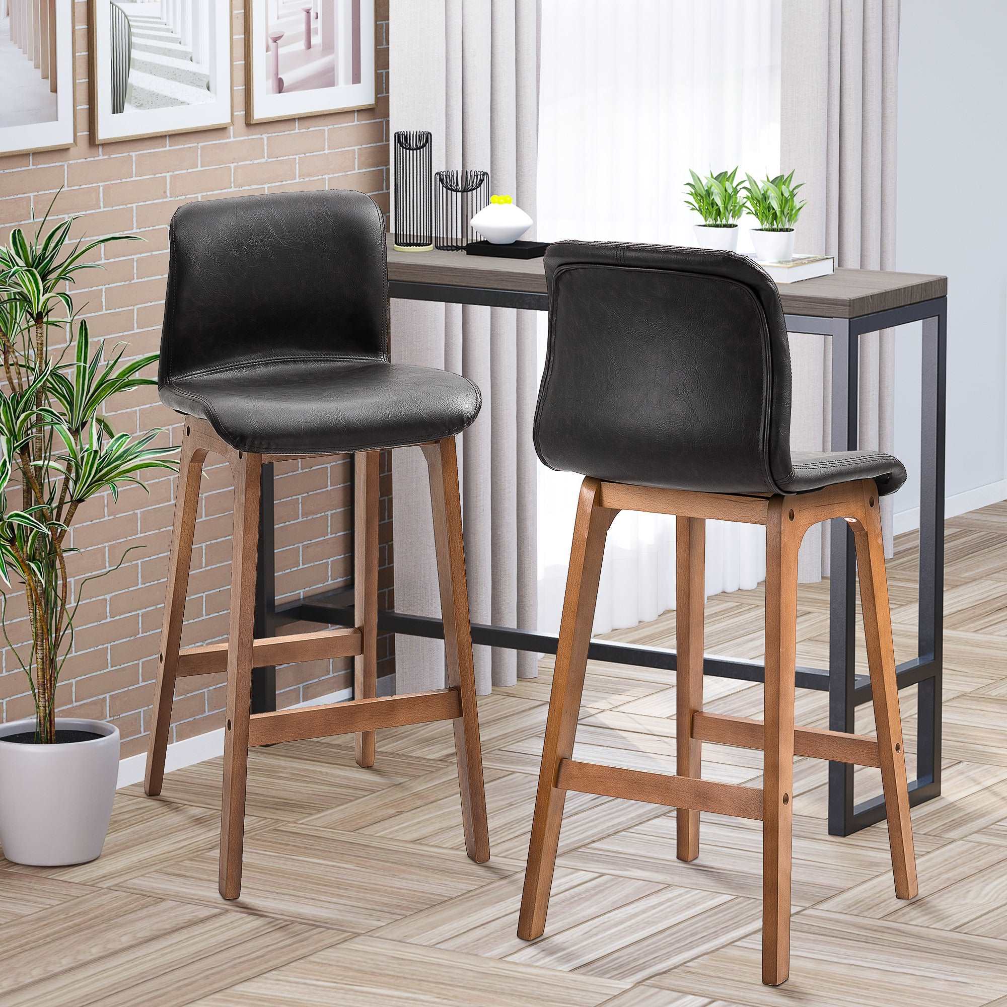 Modern Bar Stools Set of 2, PU Leather Upholstered Bar Chairs with Wooden Frame, Footrest for Home Bar, Dining Room  AOSOM   