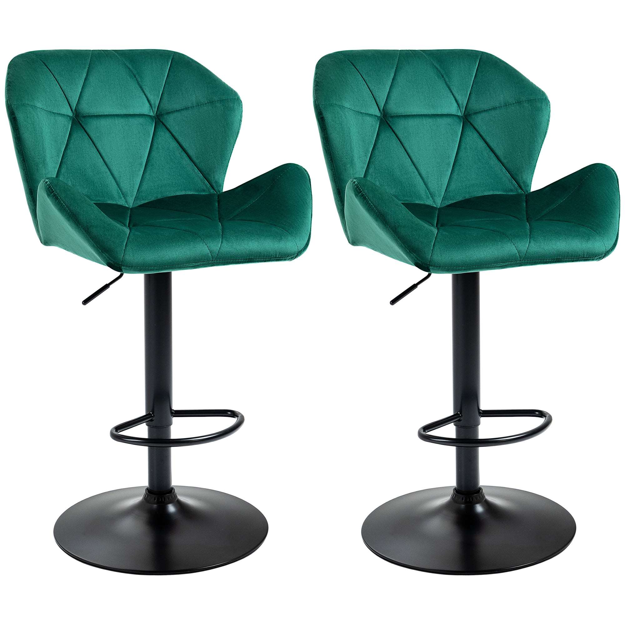 Bar Stools Set Of 2, Luxurious Velvet-Touch Barstools with Metal Frame Footrest Round Base Triangle Indenting Adjustable Height Swivel Green  AOSOM   