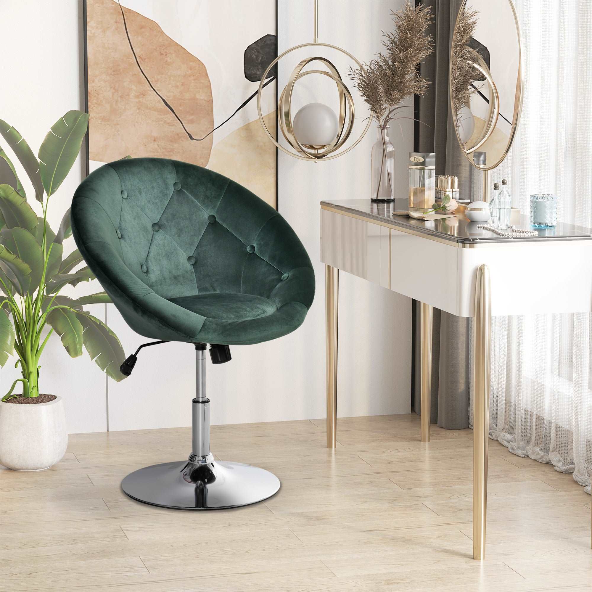 Modern Dining Height Bar Stool Velvet-Touch Tufted Fabric Adjustable Height Armless Tub Chair with Swivel Seat, Green  AOSOM   