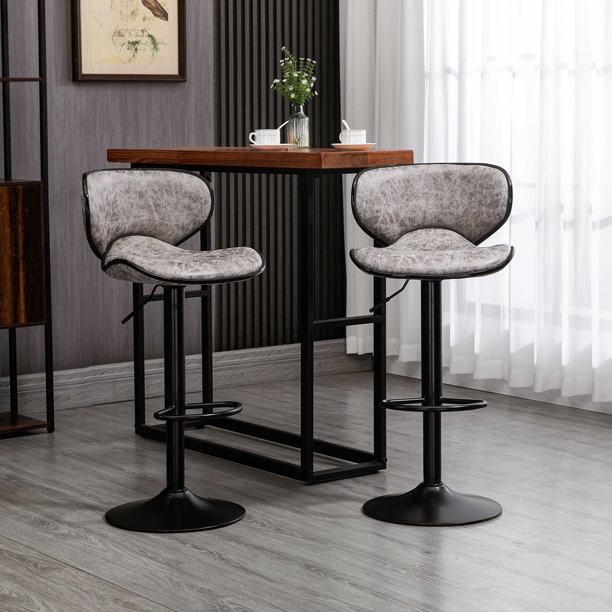 Bar Stool Set of 2 Microfiber Cloth Adjustable Height Armless Chairs with Swivel Seat, Grey  AOSOM   