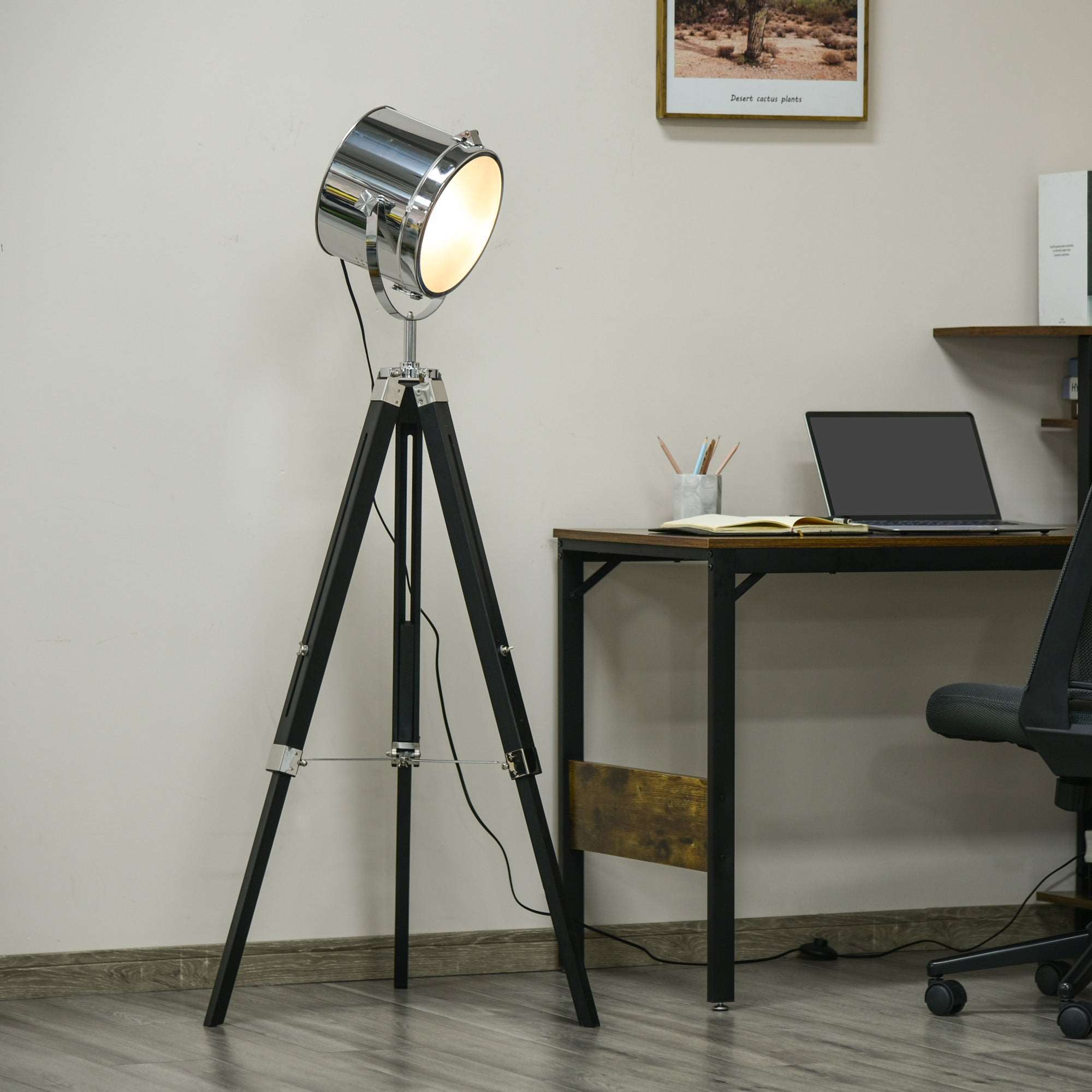 Industrial Style Adjustable Tripod Floor Lamp, Searchlight Lamp with Wooden Legs and Steel Lampshade, 110-155cm, Black  AOSOM   
