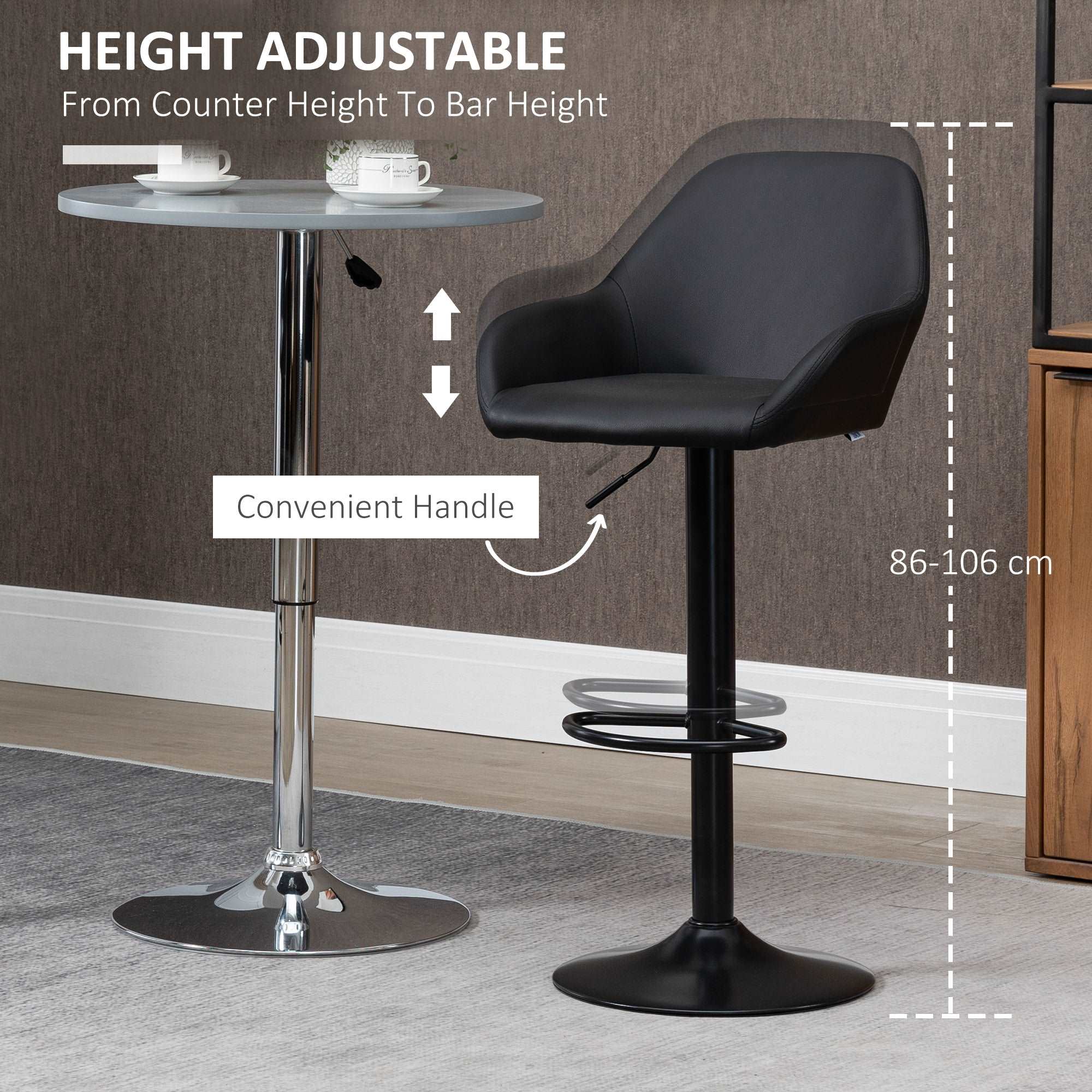 Adjustable Bar Stools Set of 2, Swivel Barstools with Footrest and Backrest, PU Leather and Steel Base, for Kitchen Counter Dining Room, Black  AOSOM   