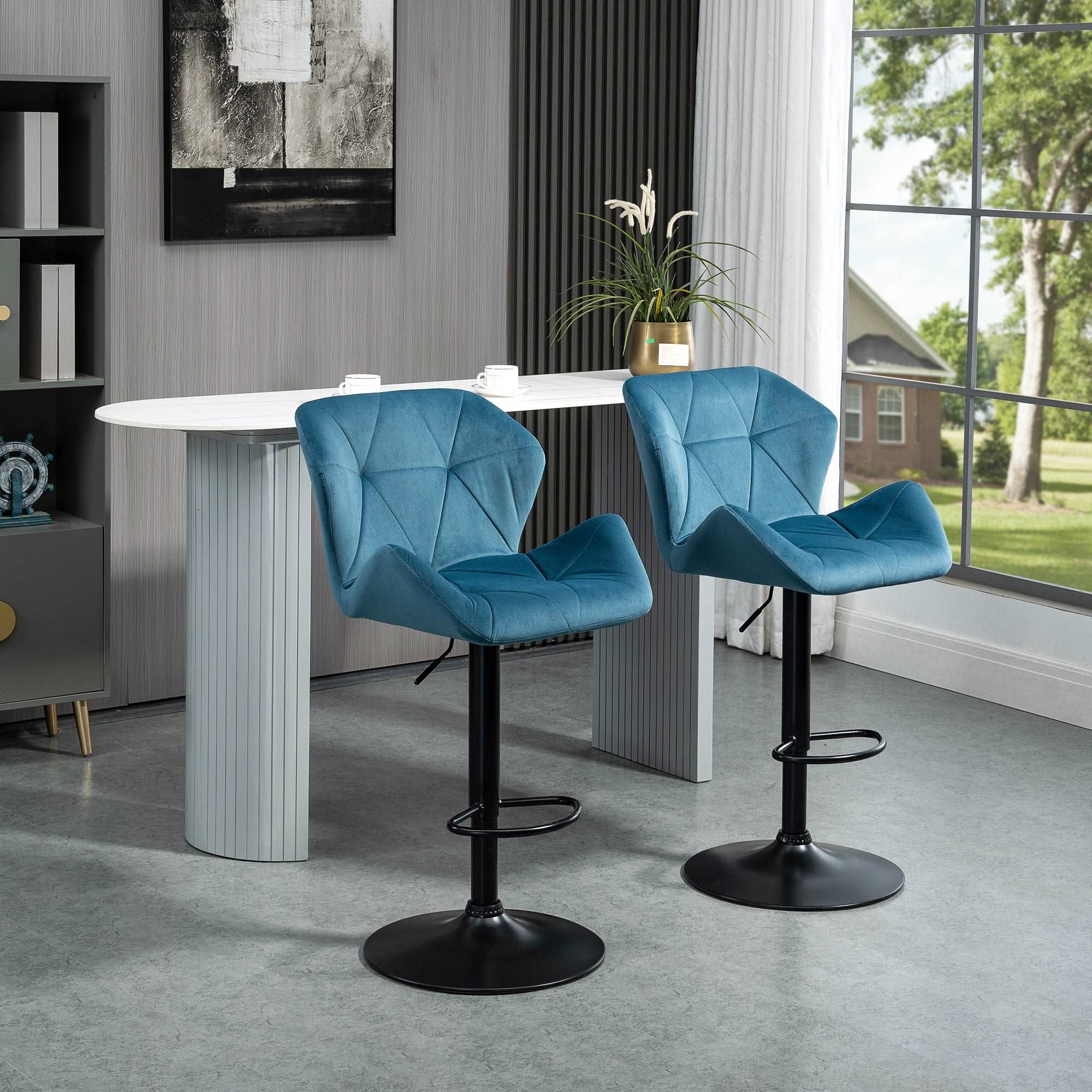 Bar Stools Set Of 2 Luxurious Velvet-Touch Barstools w/ Metal Frame Footrest Round Base Triangle Indenting Moulded Seat Adjustable Height Blue  AOSOM   