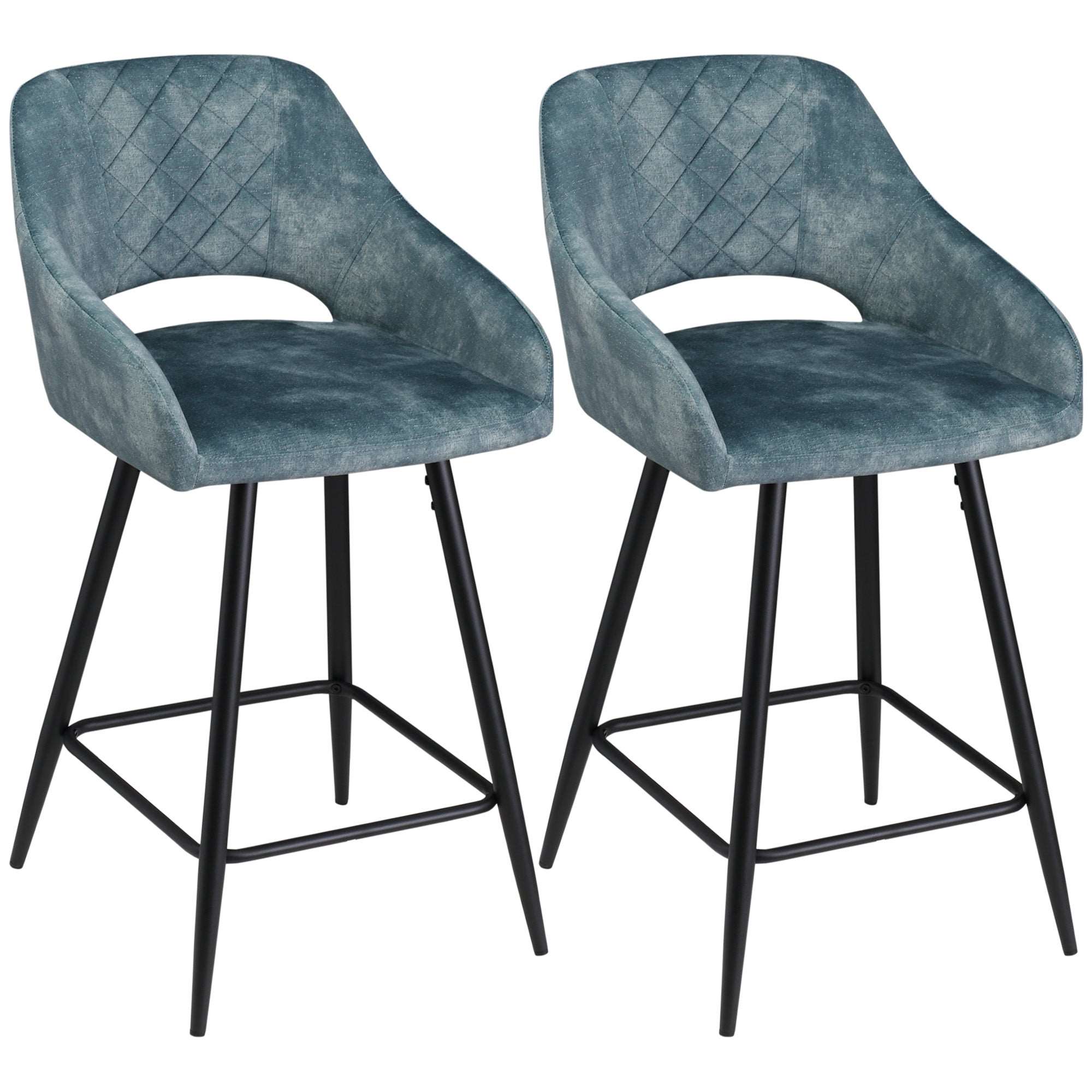 Bar Stools Set of 2, Velvet-Touch Fabric Counter Height Bar Chairs, Kitchen Stools with Steel Legs for Dining Area Blue  AOSOM   