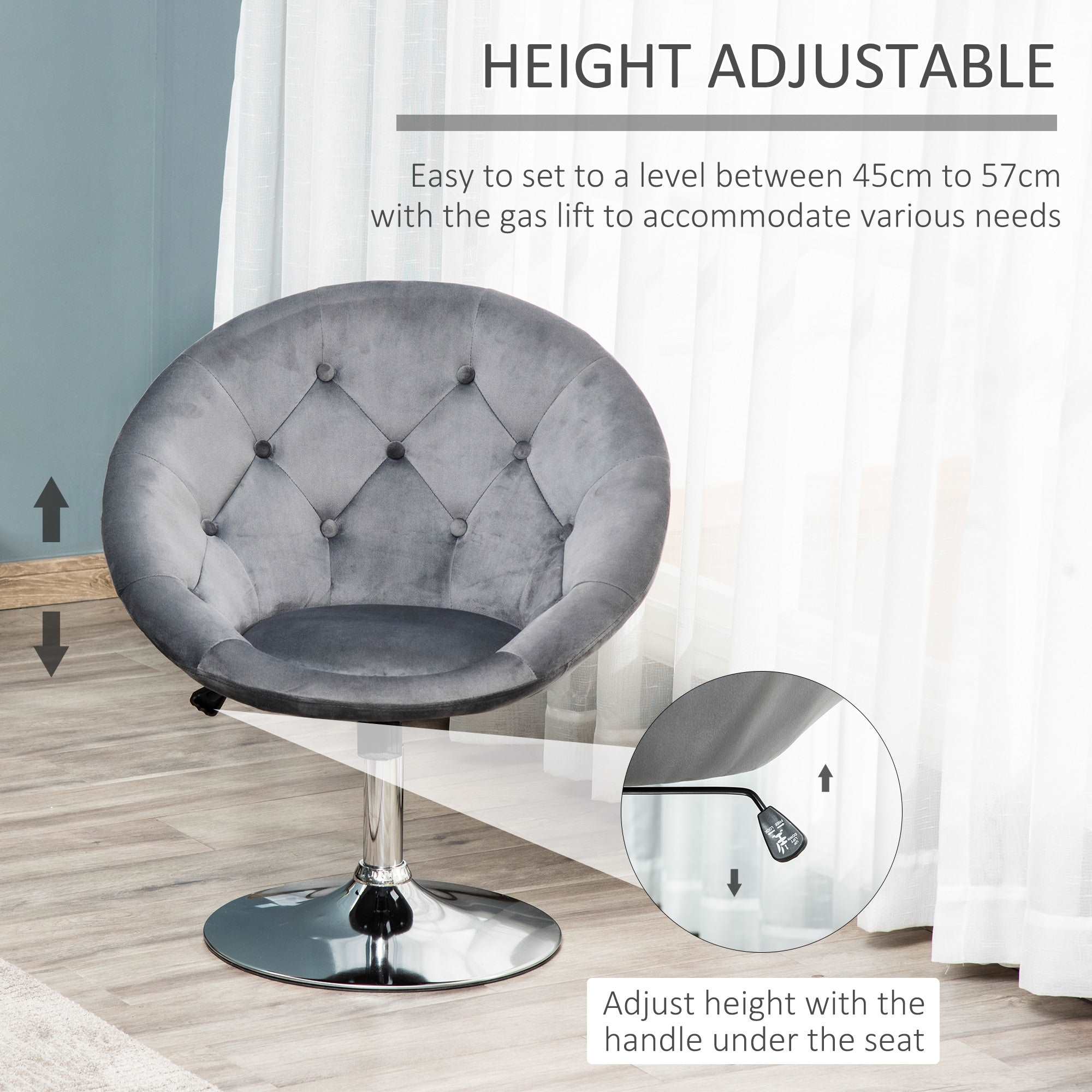 Modern Dining Height Bar Stool Velvet-Touch Tufted Fabric Adjustable Height Armless Tub Chair with Swivel Seat, Grey  AOSOM   