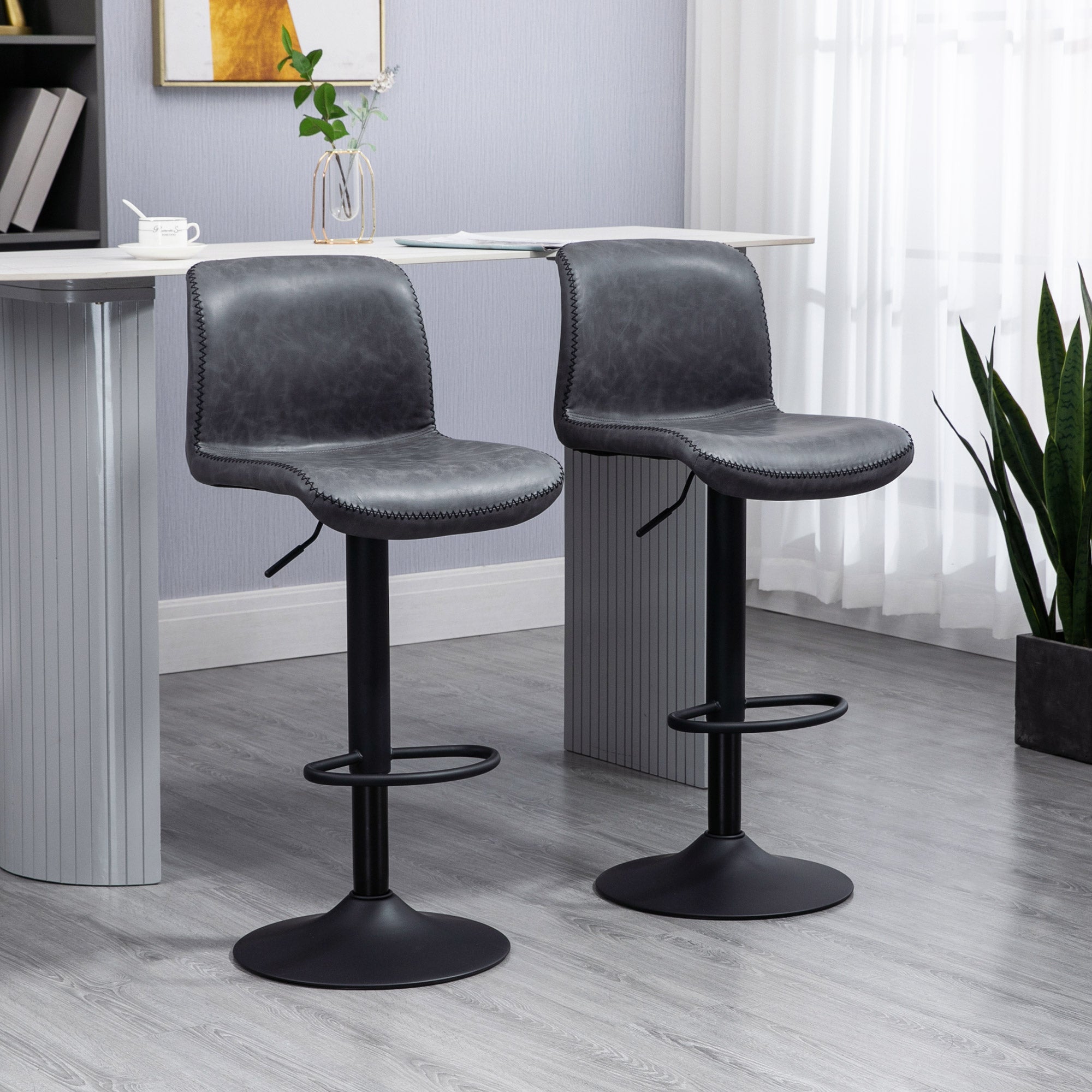 Set of 2 Bar Stool Adjustable Height Swivel Footrest and Base for Breakfast Bar, Kitchen and Home, Dark Grey  AOSOM   