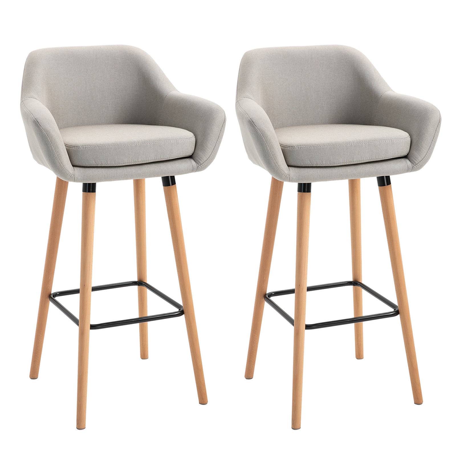 Set of 2 Bar Stools Modern Upholstered Seat Bar Chairs w/ Metal Frame, Solid Wood Legs Living Room Dining Room Fabric Furniture - Beige  AOSOM   