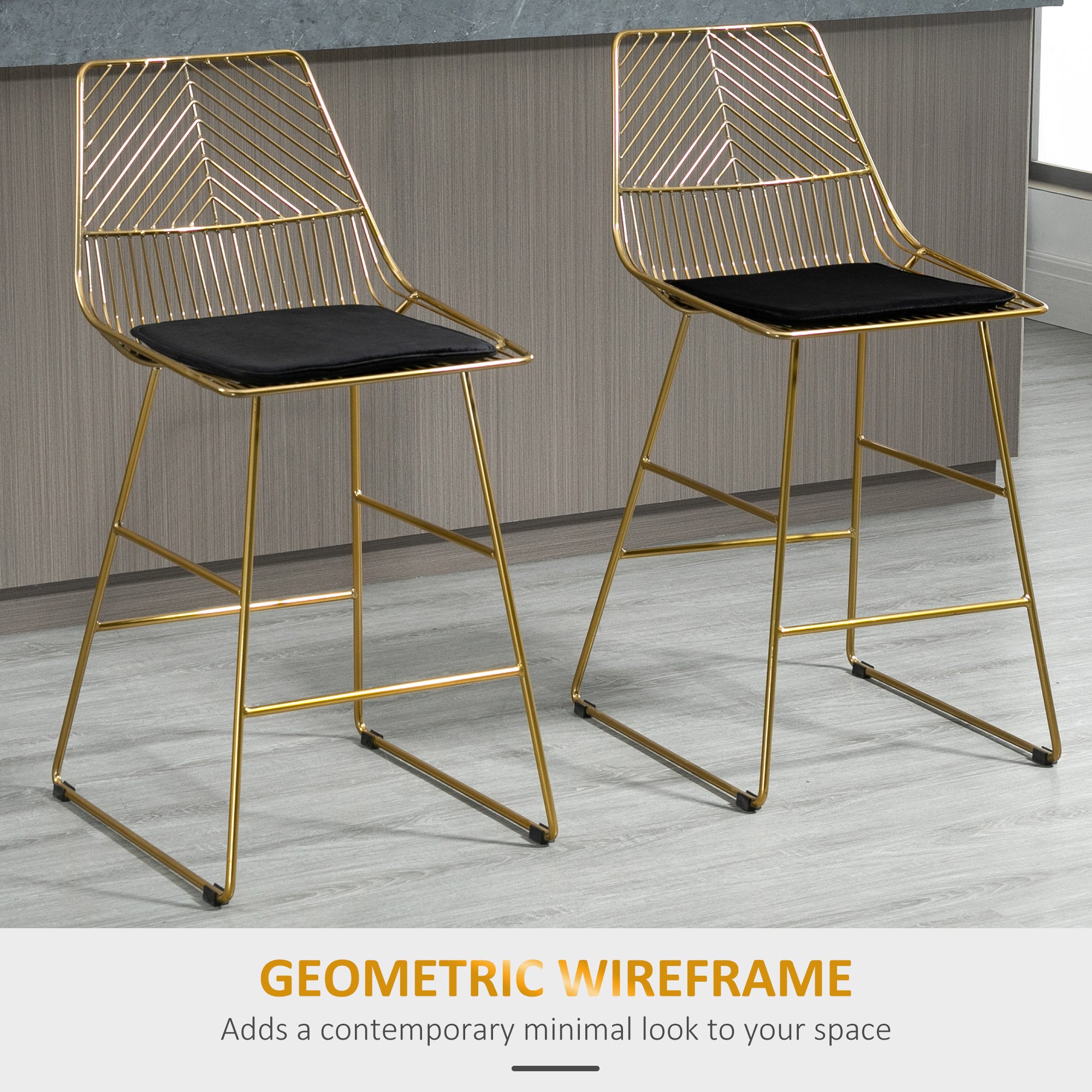 Set of 2 Bar stools Modern Counter Height Wire Metal Bar chairs for Kitchen, Bar Counter, Gold  AOSOM   