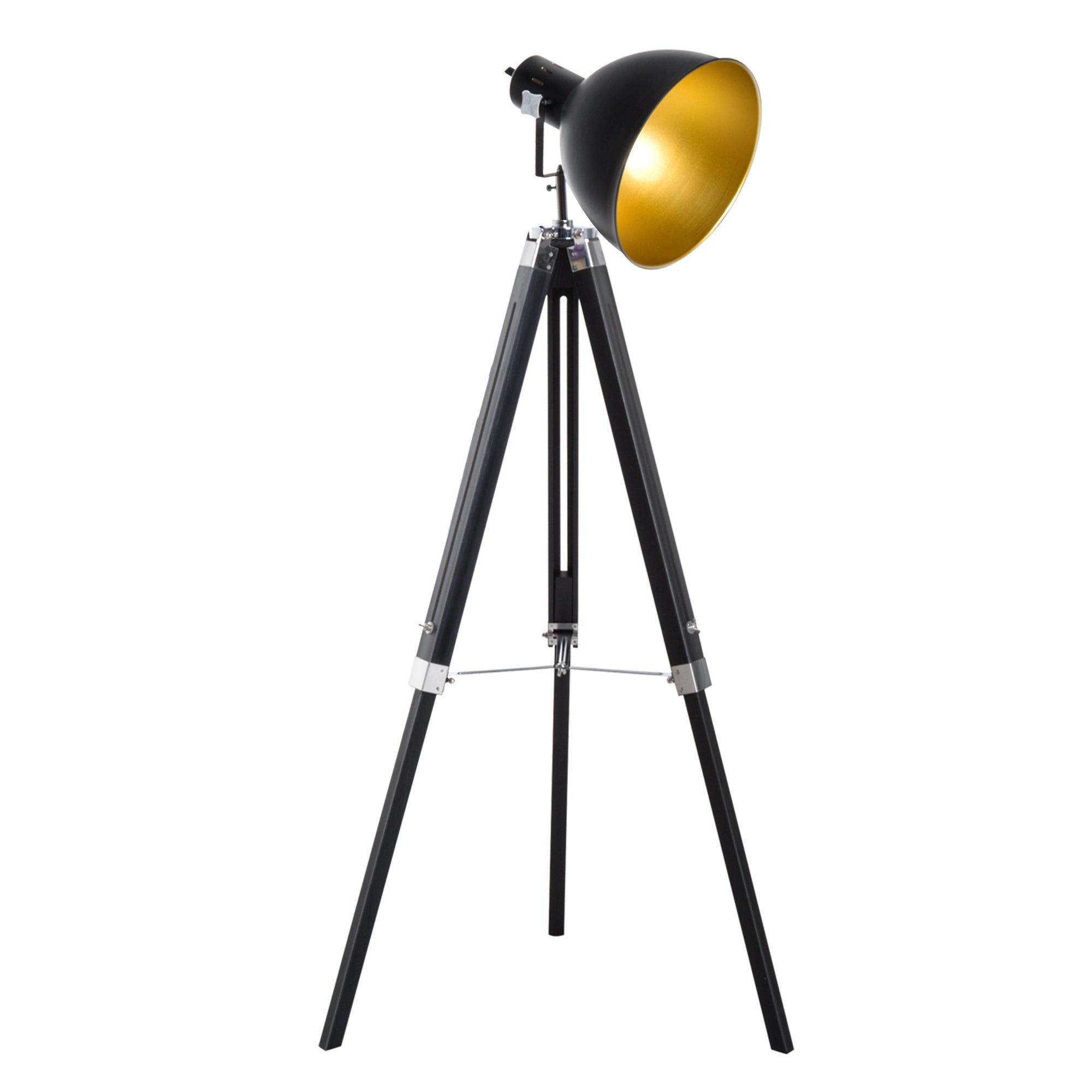Studio Floor Lamp,Tripod Spotlight Lamp with Wood Legs, Ã˜ 30 cm Lampshade and Max. 40W, 152cm Floor Lamp, Metal, Black and Gold  AOSOM   