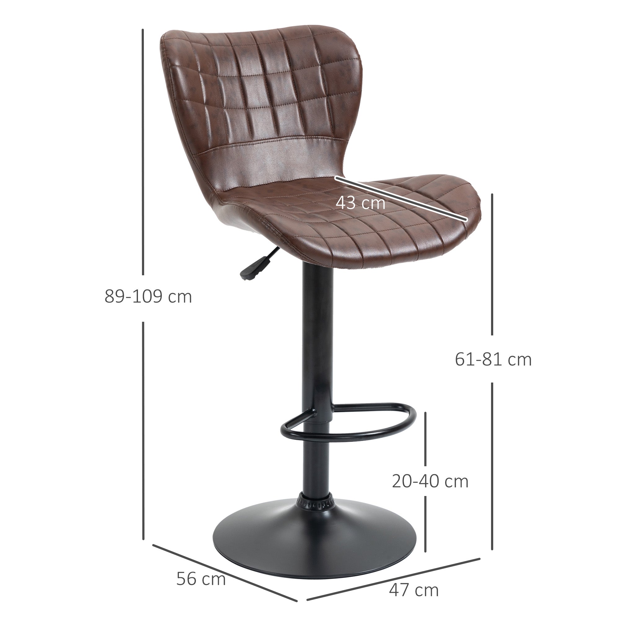 Bar Stools Set of 2 Adjustable Height Swivel Bar Chairs in PU Leather with Backrest & Footrest, Brown  AOSOM   
