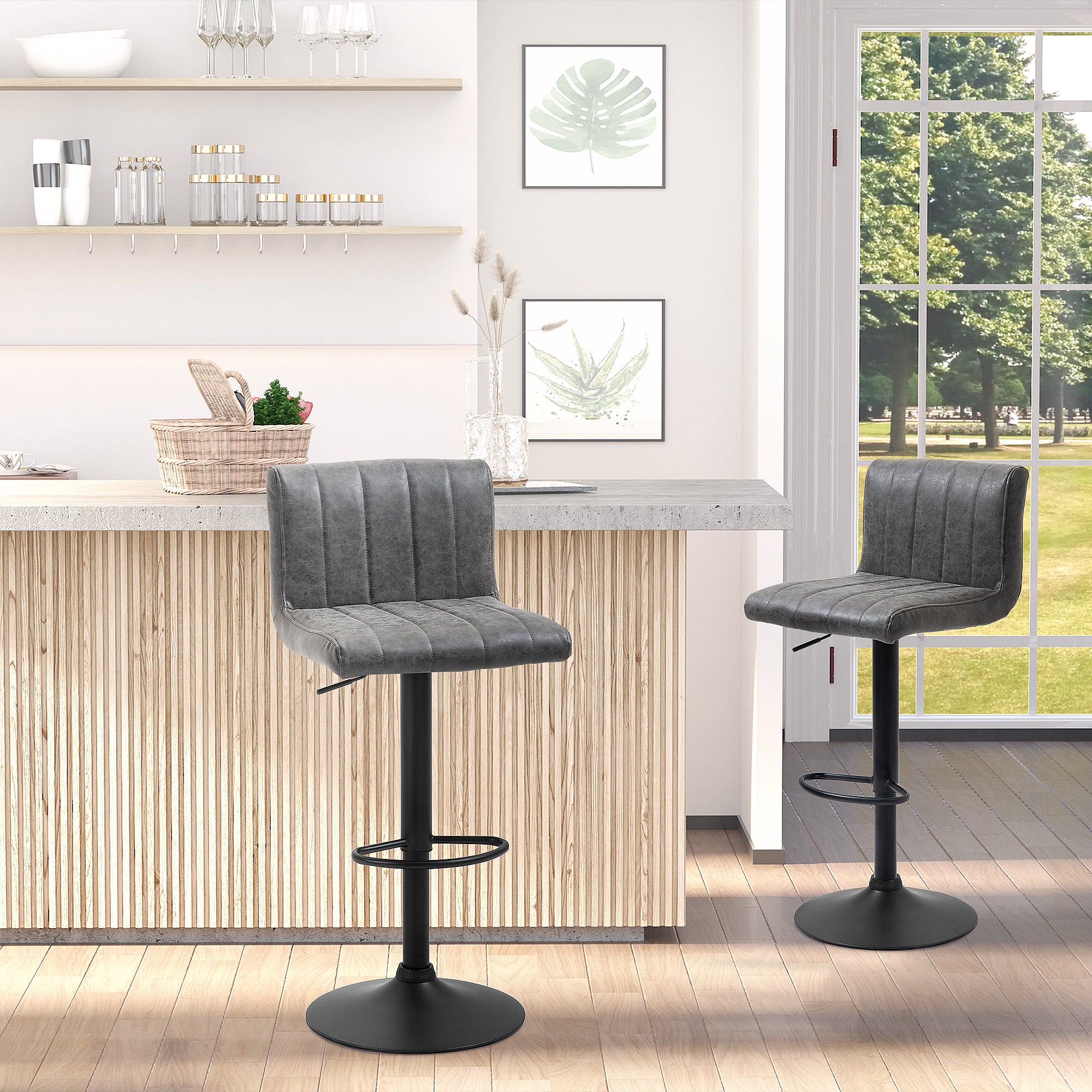 Set of 2 Adjustable Height Bar Chairs with Footrest, PU Leather, Gas Lift, Grey  AOSOM   