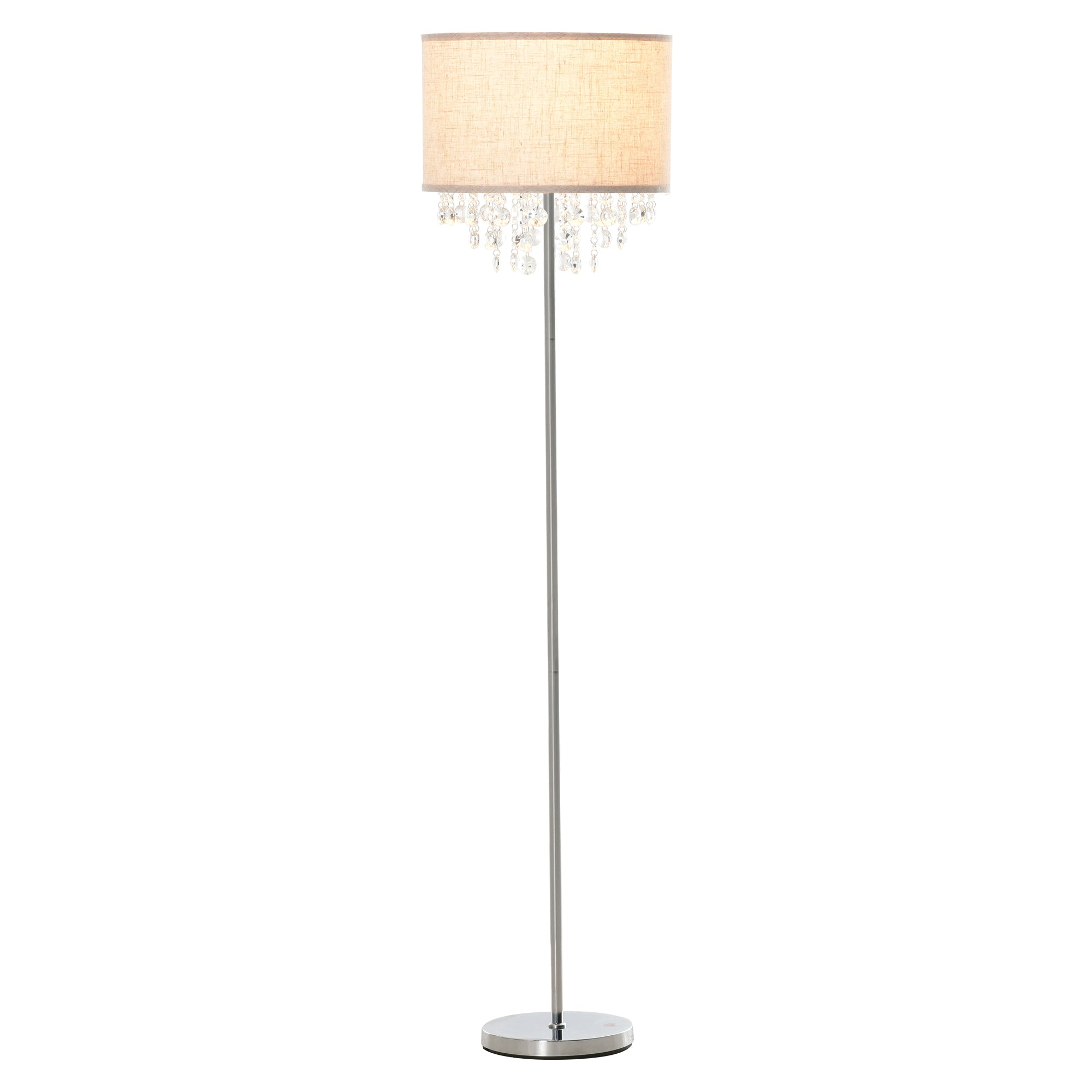 Modern Steel Floor Lamp with Crystal Pendant Fabric Lampshade Floor Switch, Home Style Standing Light, Silver and Cream White  AOSOM   
