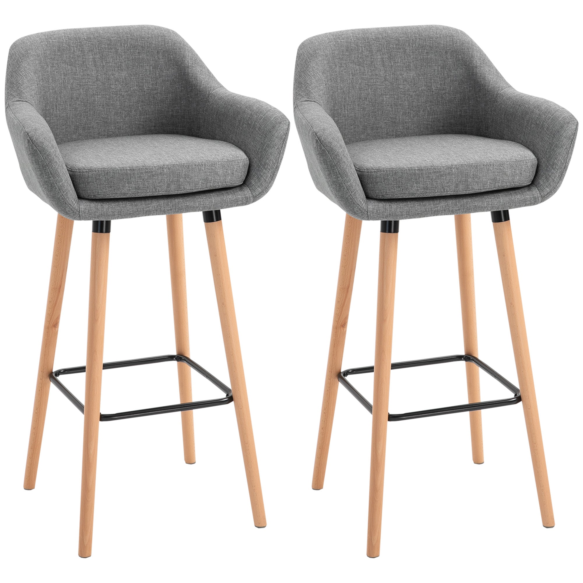 Set of 2 Bar Stools Modern Upholstered Seat Bar Chairs w/ Metal Frame, Solid Wood Legs Living Room Dining Room Fabric Furniture - Grey  AOSOM   