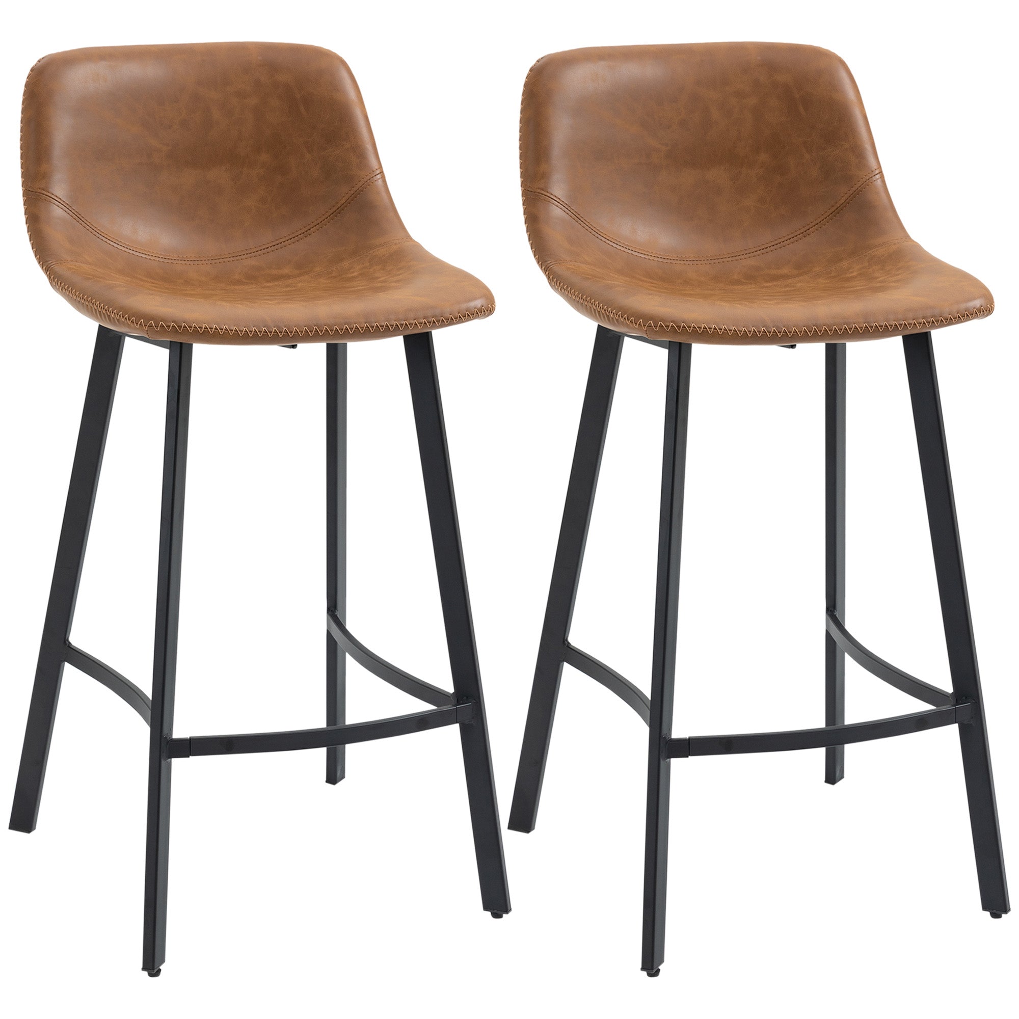 Bar Stools Set of 2, Industrial Kitchen Stool, Upholstered Bar Chairs with Back, Steel Legs, Brown  AOSOM   