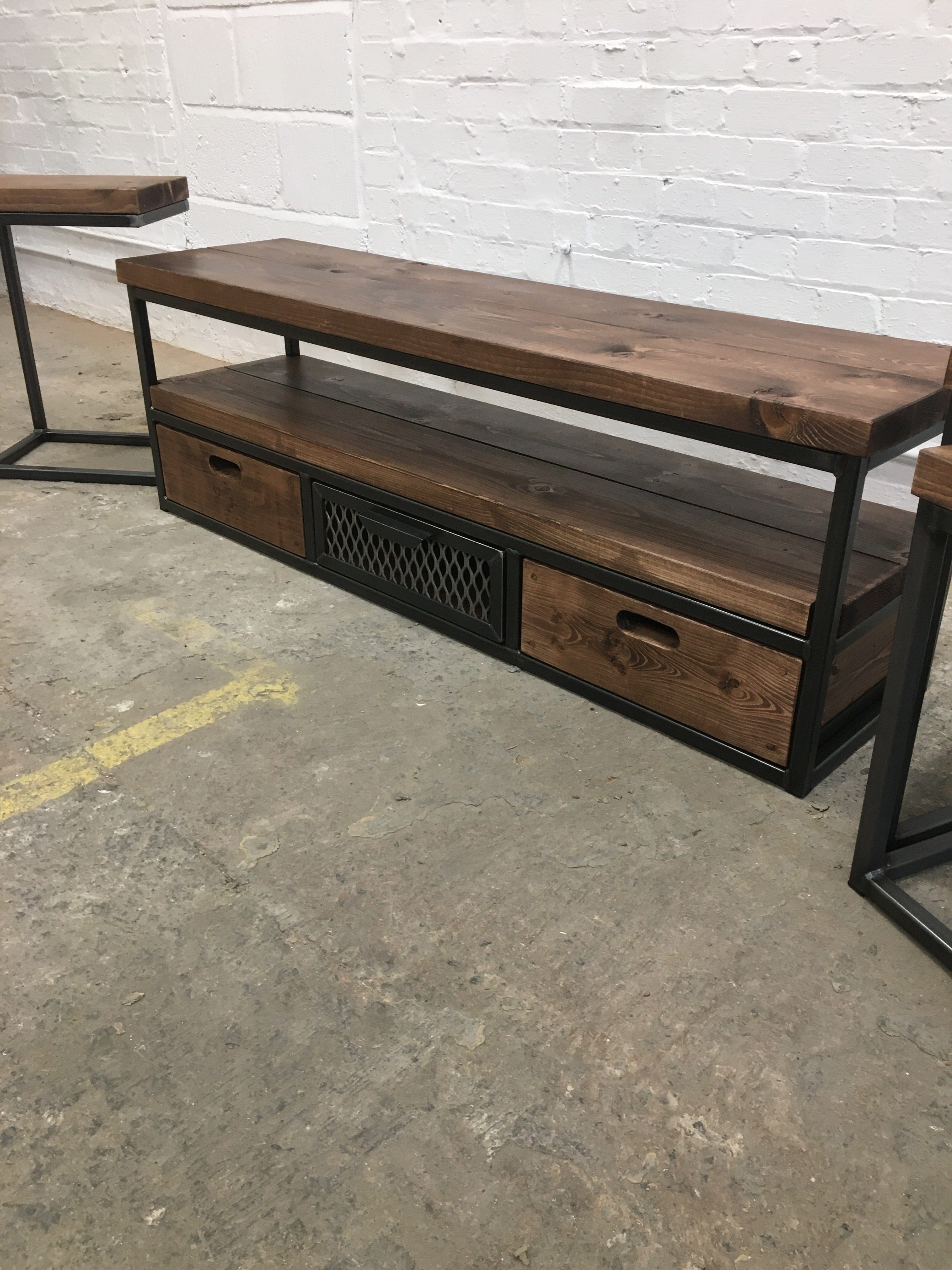 Rustic & Industrial TV Unit Stand with drawers Rustic sofa tables C shaped RSD Furniture   