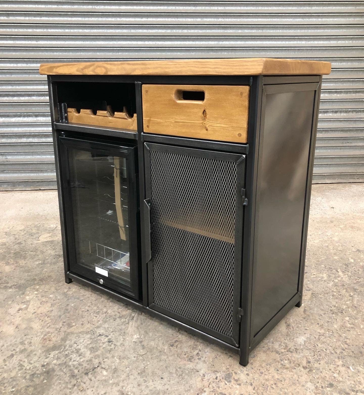 Modern Industrial Home Bar Drinks Cabinet with Built-In Fridge, Wine Rack and Drawer  RSD Furniture   