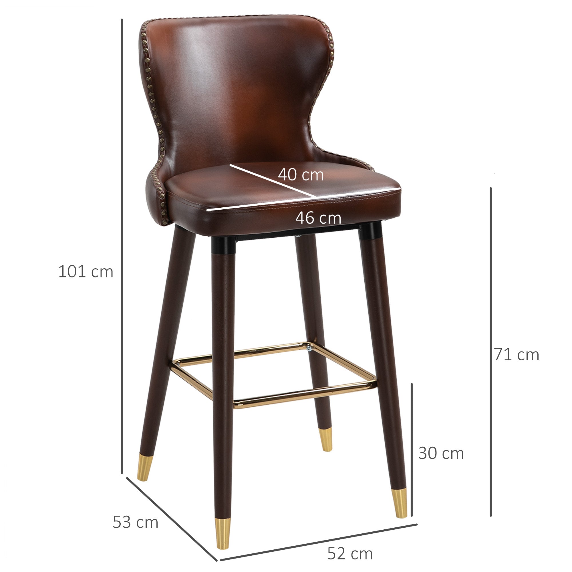 Bar Stools Set of 2, PU Leather Vintage Counter-Height Bar Chair, Luxury European Style Kitchen Stools with Back, Brown  AOSOM   