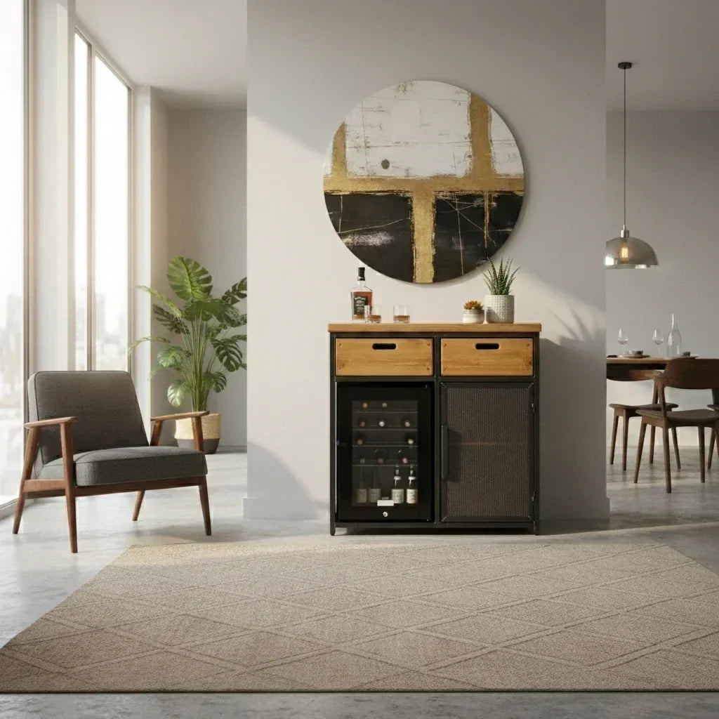Industrial coffee cabinet with wooden drawers and steel construction