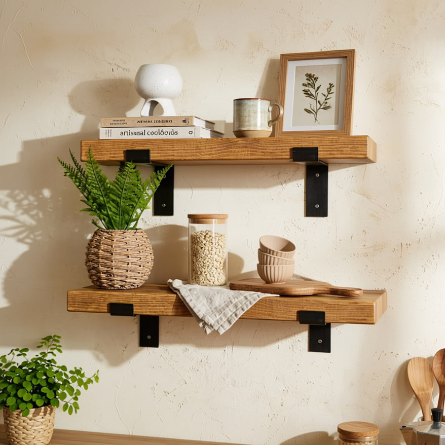 Wooden shelves with decorative items against a beige wall