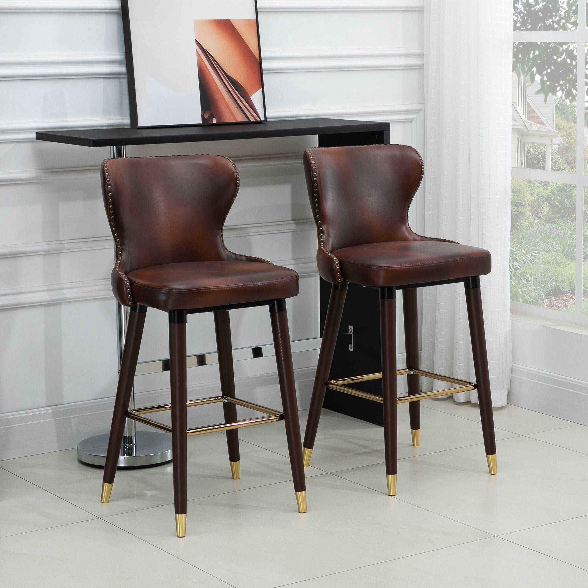 Bar Stools Set of 2, PU Leather Vintage Counter-Height Bar Chair, Luxury European Style Kitchen Stools with Back, Brown  AOSOM   