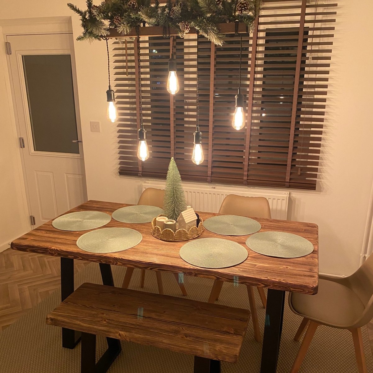 Wood colour samples for trapezium leg dining table – six stain options including walnut and oak