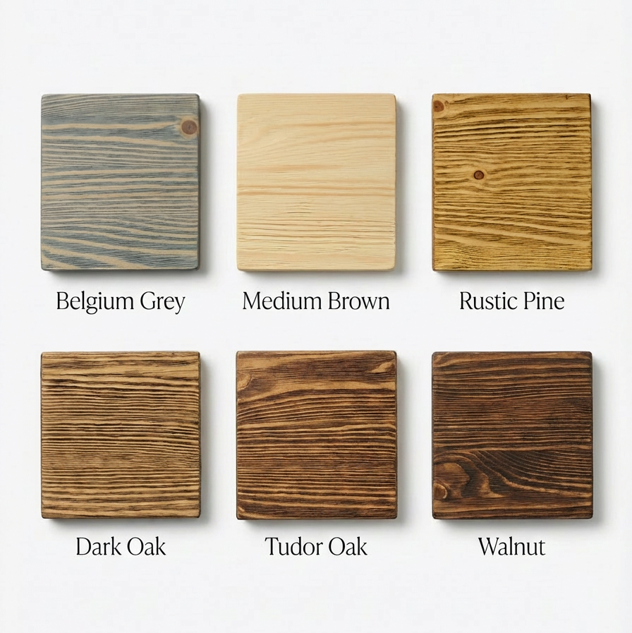 Wood colour samples for V-frame leg dining table – six stain options including walnut and oak