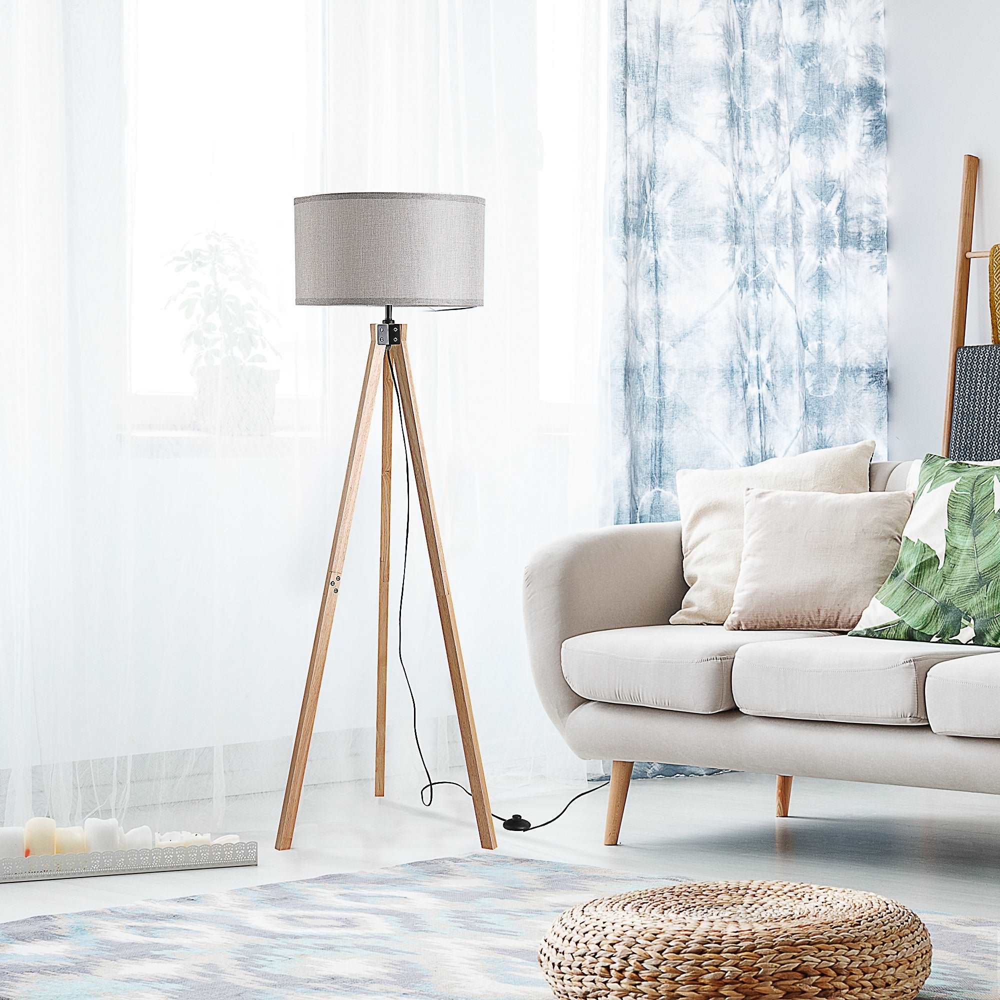 5FT Elegant Wood Tripod Floor Lamp Free Standing E27 Bulb Lamp Versatile Use for Home Office - Grey  AOSOM   