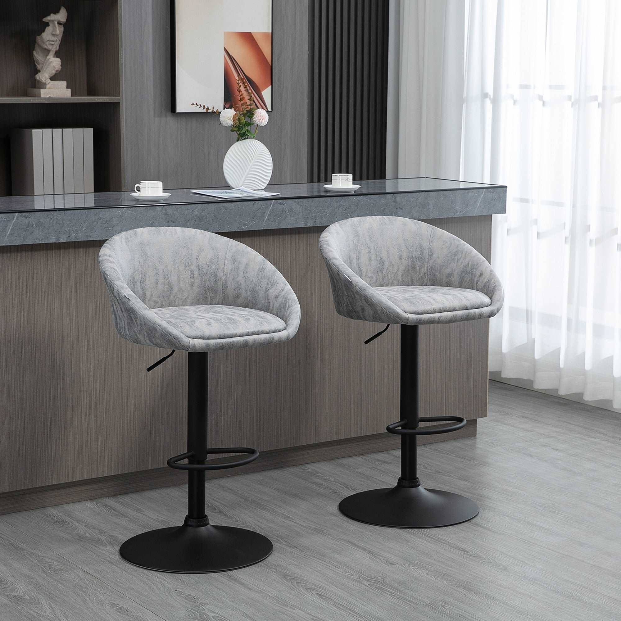 Modern Adjustable Bar Stools Set of 2, Swivel PU Leather Breakfast Barstools with Footrest Armrests Back, for Kitchen Counter Light Grey  AOSOM   
