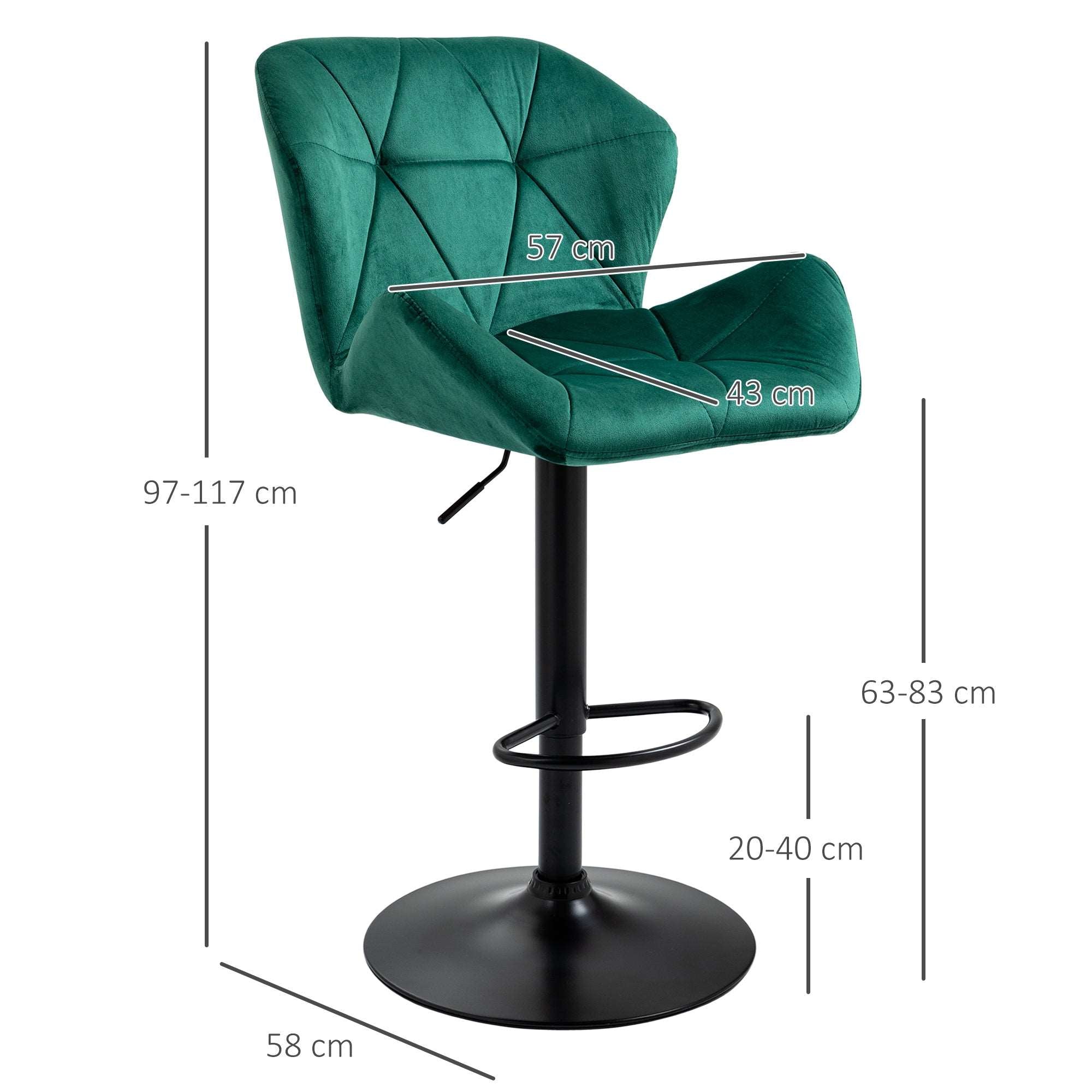 Bar Stools Set Of 2, Luxurious Velvet-Touch Barstools with Metal Frame Footrest Round Base Triangle Indenting Adjustable Height Swivel Green  AOSOM   