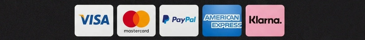 Logos of Visa, Mastercard, PayPal, American Express, and Klarna on a black background