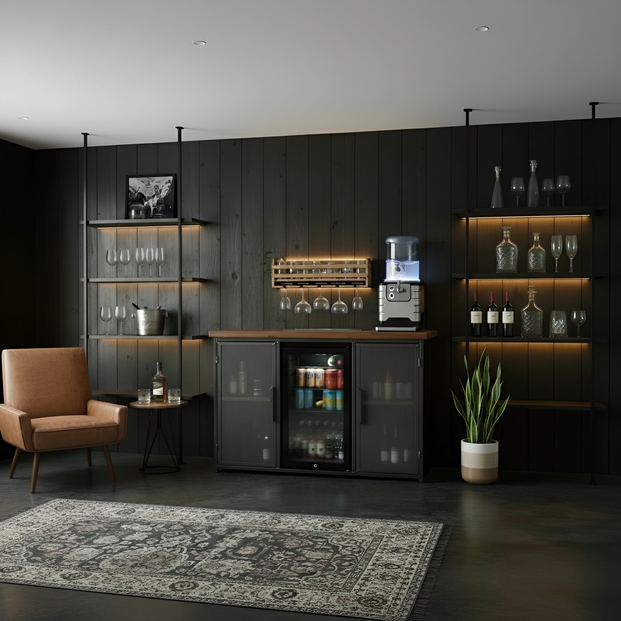 Modern home bar with dark wood cabinets, shelves, and a coffee machine.