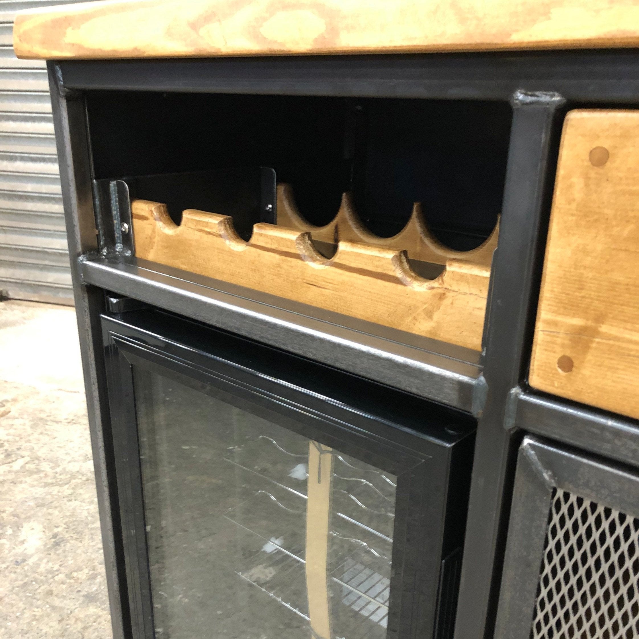 Wine cabinet sideboard with fridge and ample storage space
