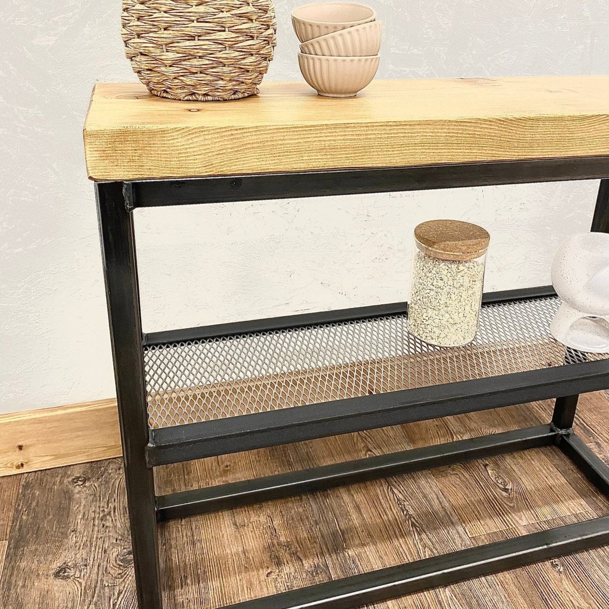 Industrial Sofa Side Table with Mesh Shelf RSD Furniture