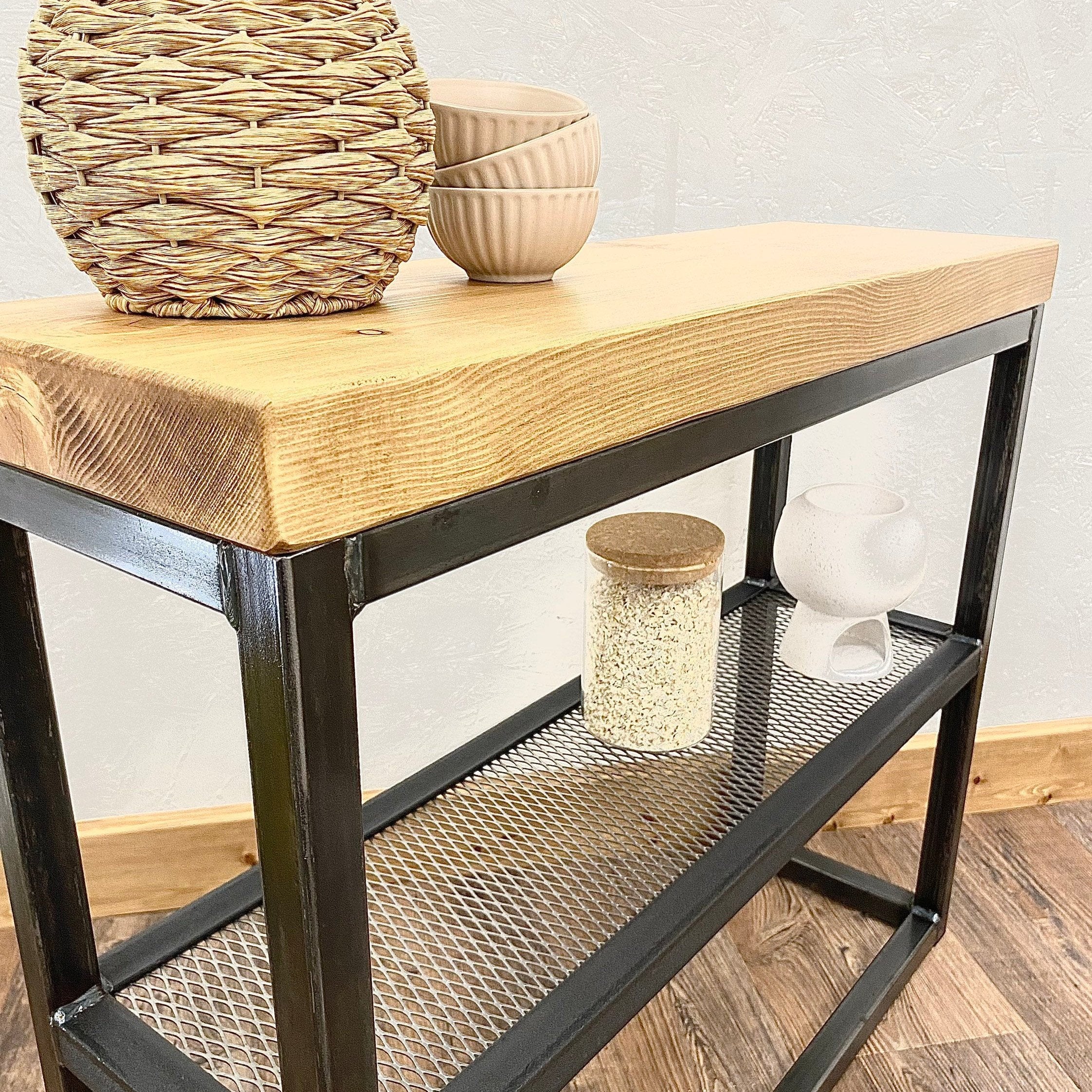 Industrial sofa side table with mesh shelf  RSD Furniture    