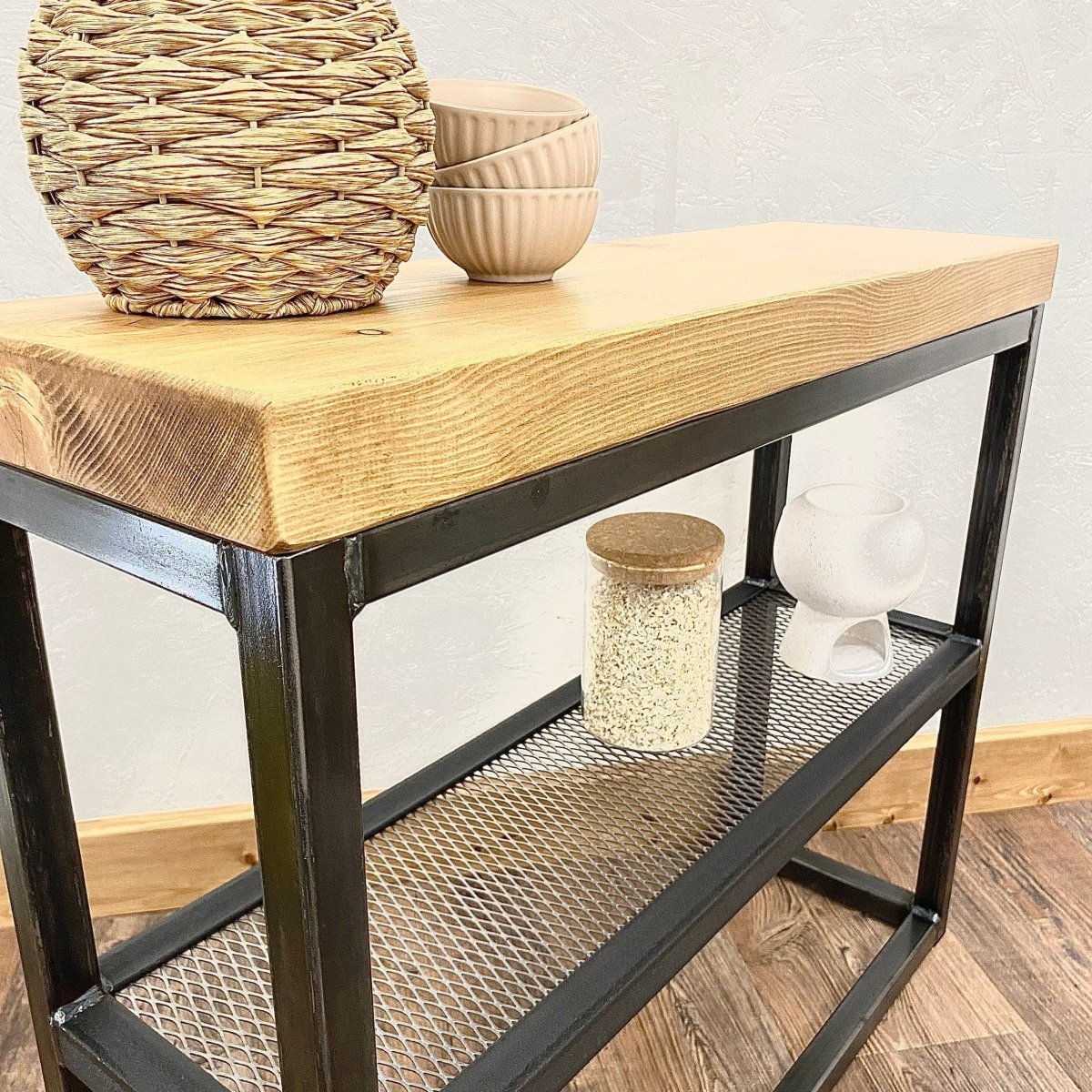 Industrial Sofa Side Table with Mesh Shelf RSD Furniture
