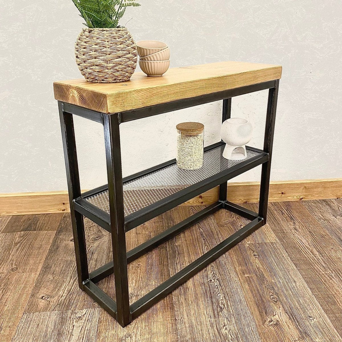 Industrial Sofa Side Table with Mesh Shelf RSD Furniture