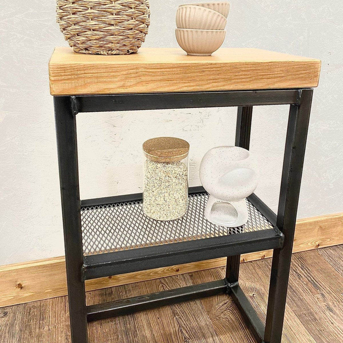 Industrial Sofa Side Table with Mesh Shelf RSD Furniture