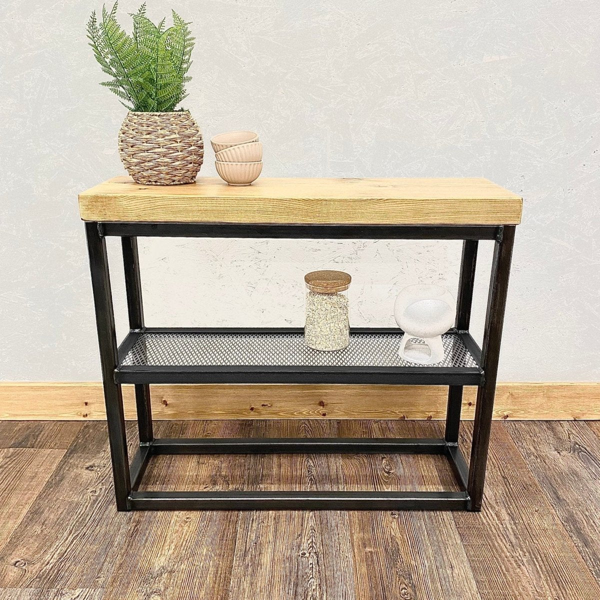 Industrial Sofa Side Table with Mesh Shelf RSD Furniture