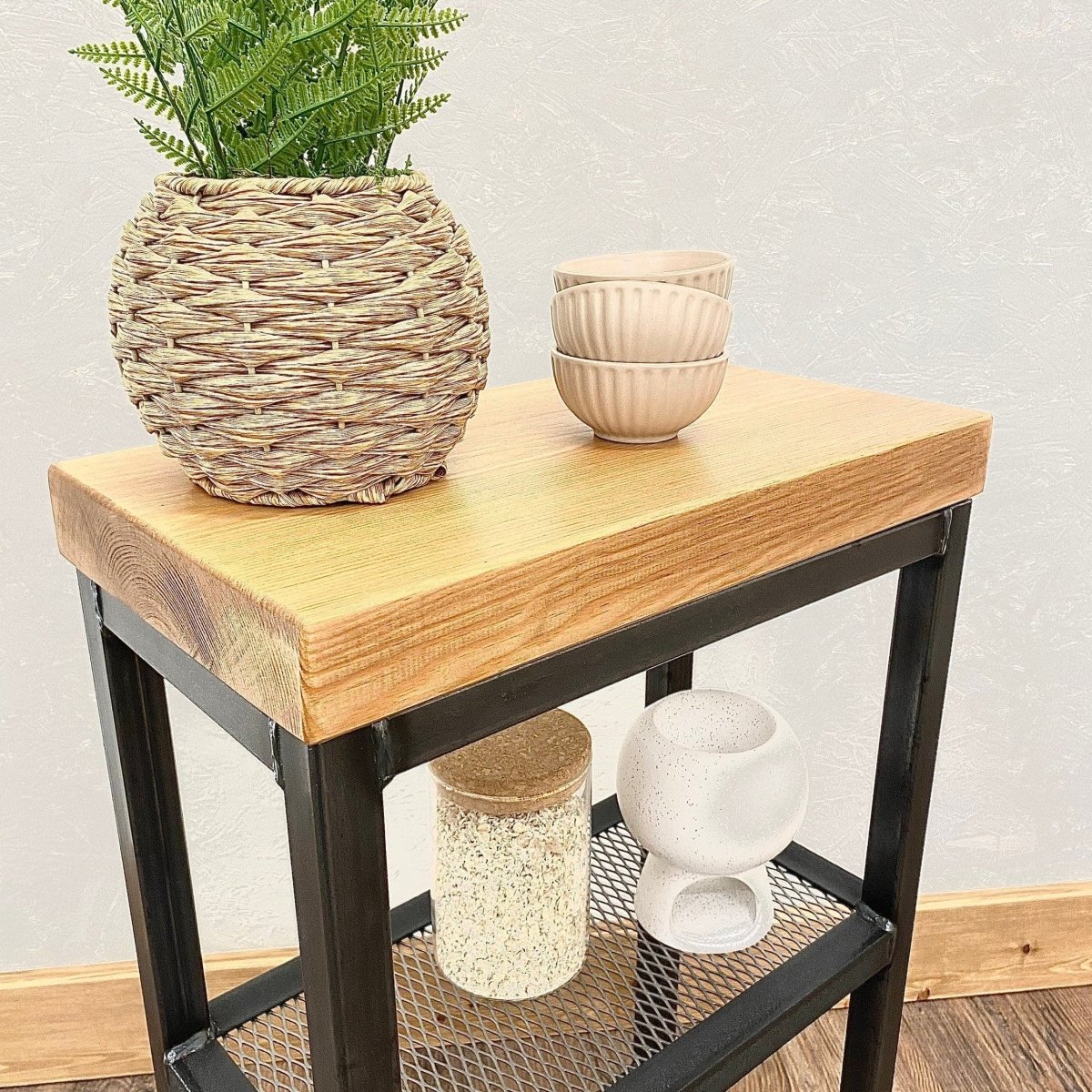 Industrial Sofa Side Table with Mesh Shelf RSD Furniture