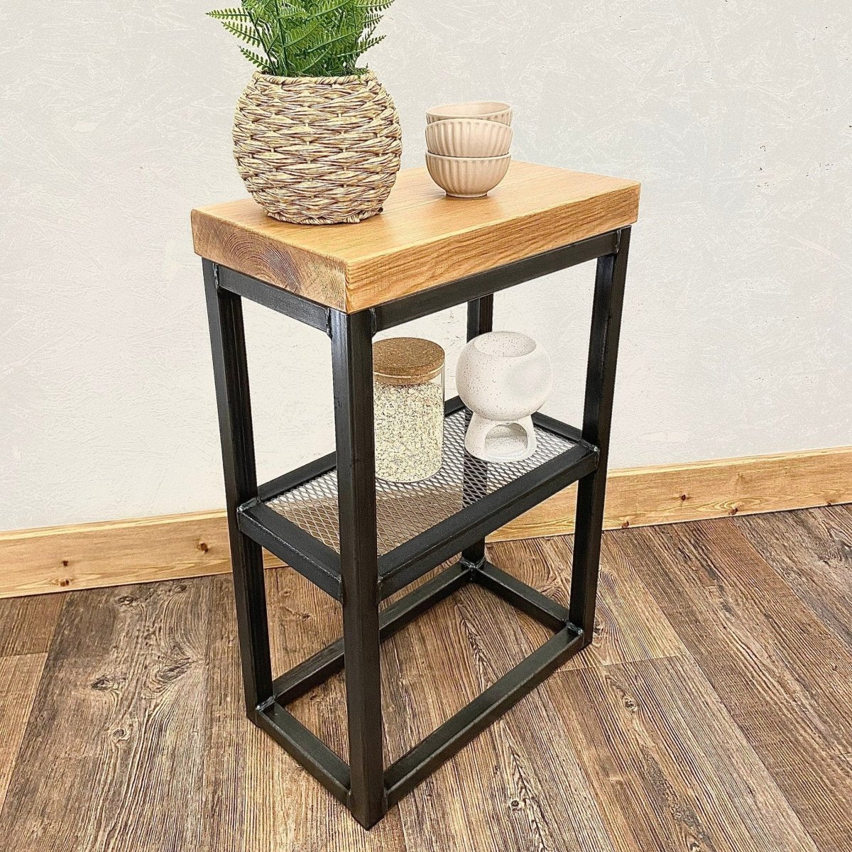 Industrial Sofa Side Table with Mesh Shelf RSD Furniture