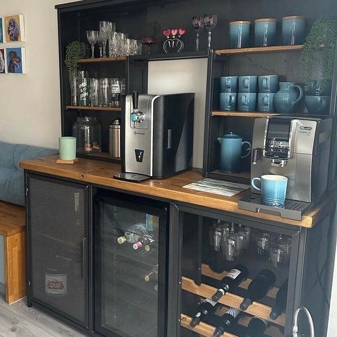 Industrial home bar drinks cabinet with built-in beer fridge and 12-bottle wine rack
