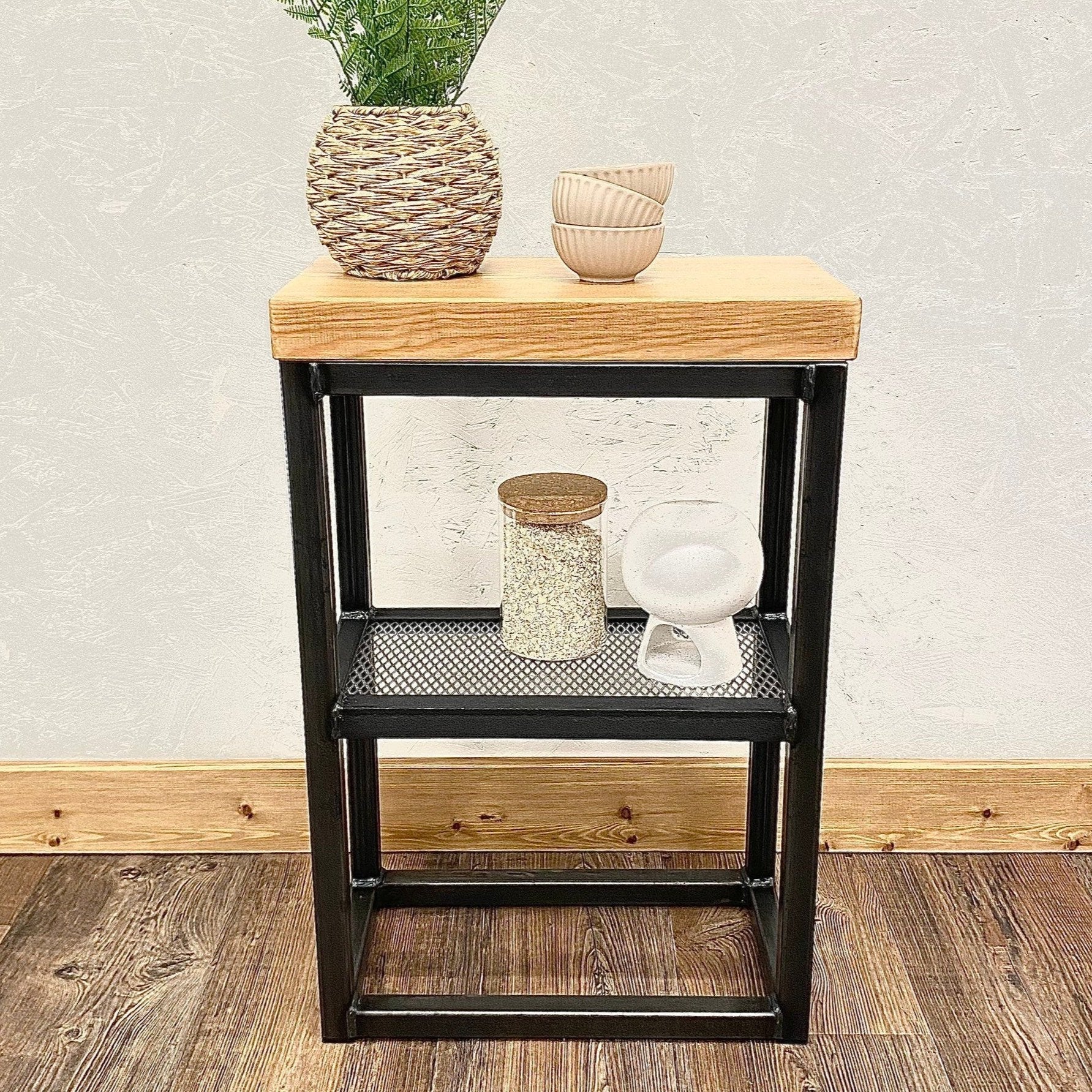 Industrial sofa side table with mesh shelf  RSD Furniture    